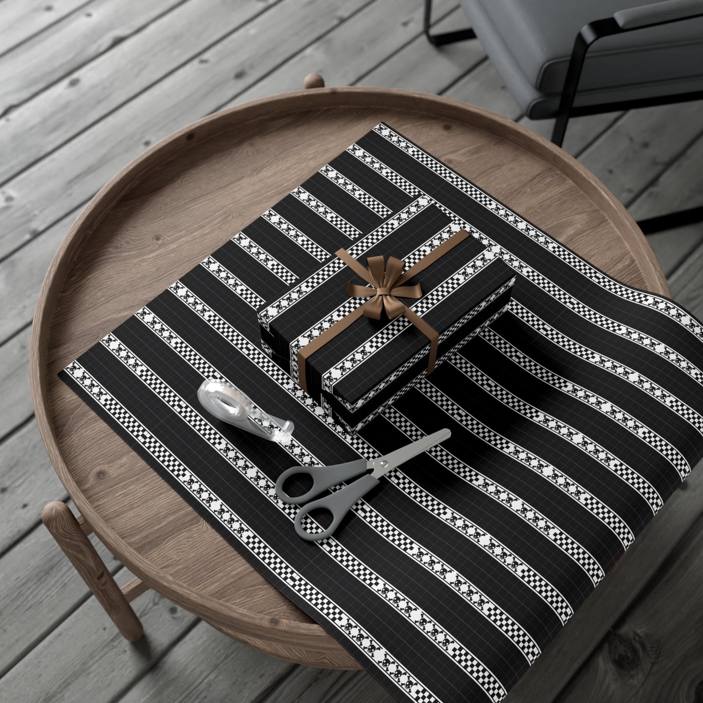 8-bit retro gaming skull striped wrapping paper black with white vintage nintendo style skull and crossbones with a grey checkered background.