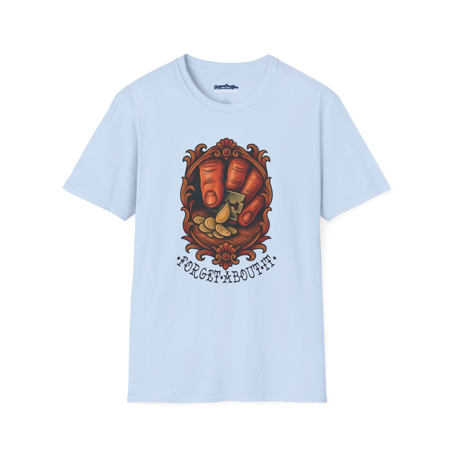 Forget About It T-Shirt – Goodfellas Garlic Slice Design, Mafia Movie Fan Gift, Razor Thin Garlic Tee, Gangster Kitchen Shirt