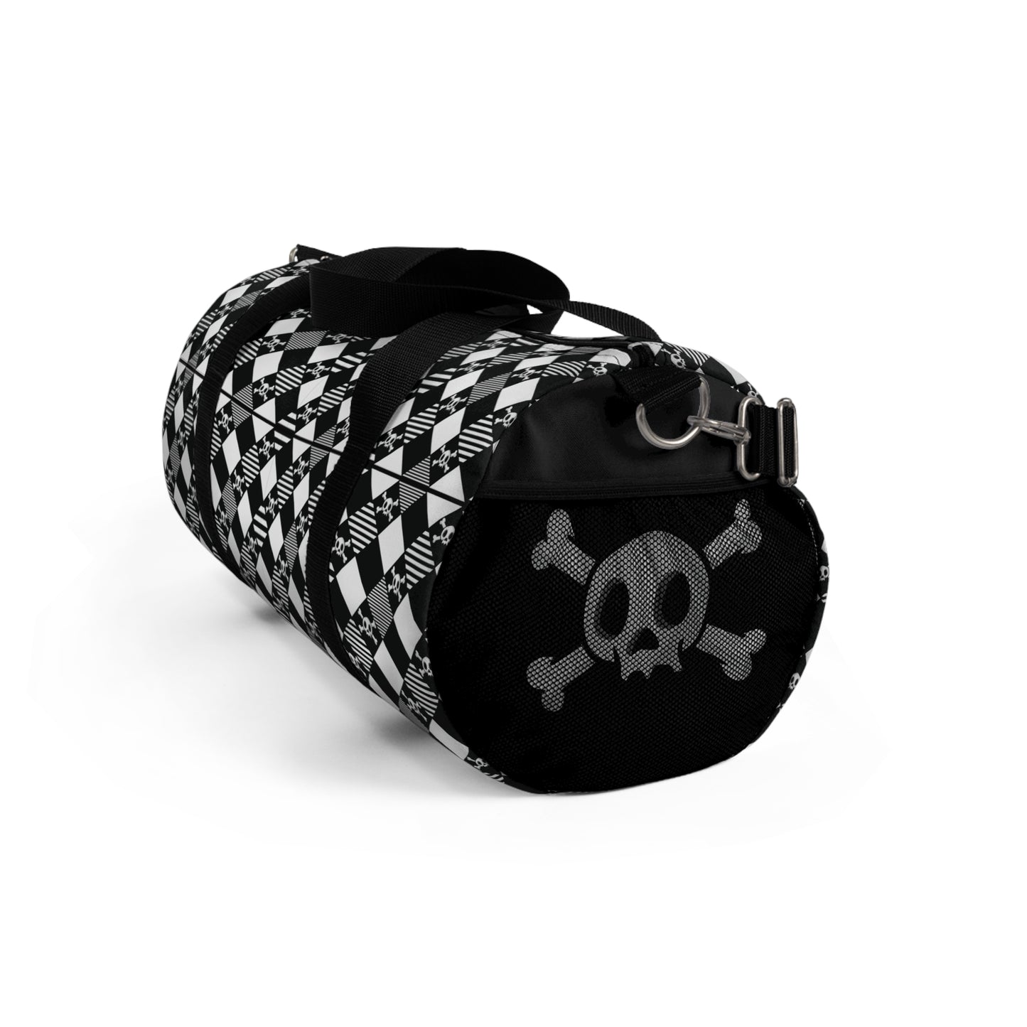 Black and White Diamond Pattern Skull and Crossbones Duffel Bag end view showing a large skull and crossed bones like a pirate ship flag and a net pocket for storing quick access items