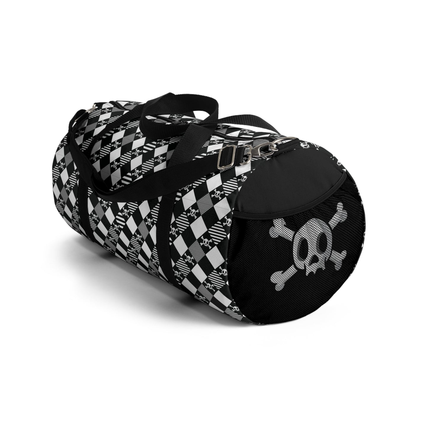 Black and White Diamond Pattern Skull and Crossbones Duffel Bag large end view with net pocket and giant skull