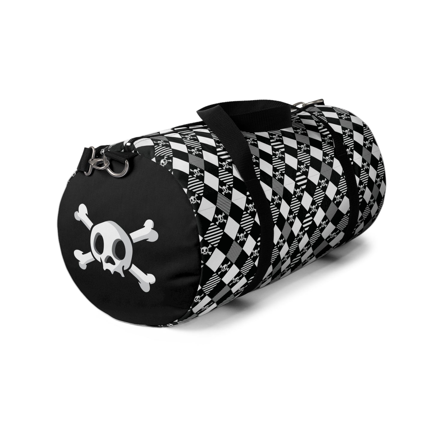 Black and White Diamond Pattern Skull and Crossbones Duffel Bag large end view with giant skull