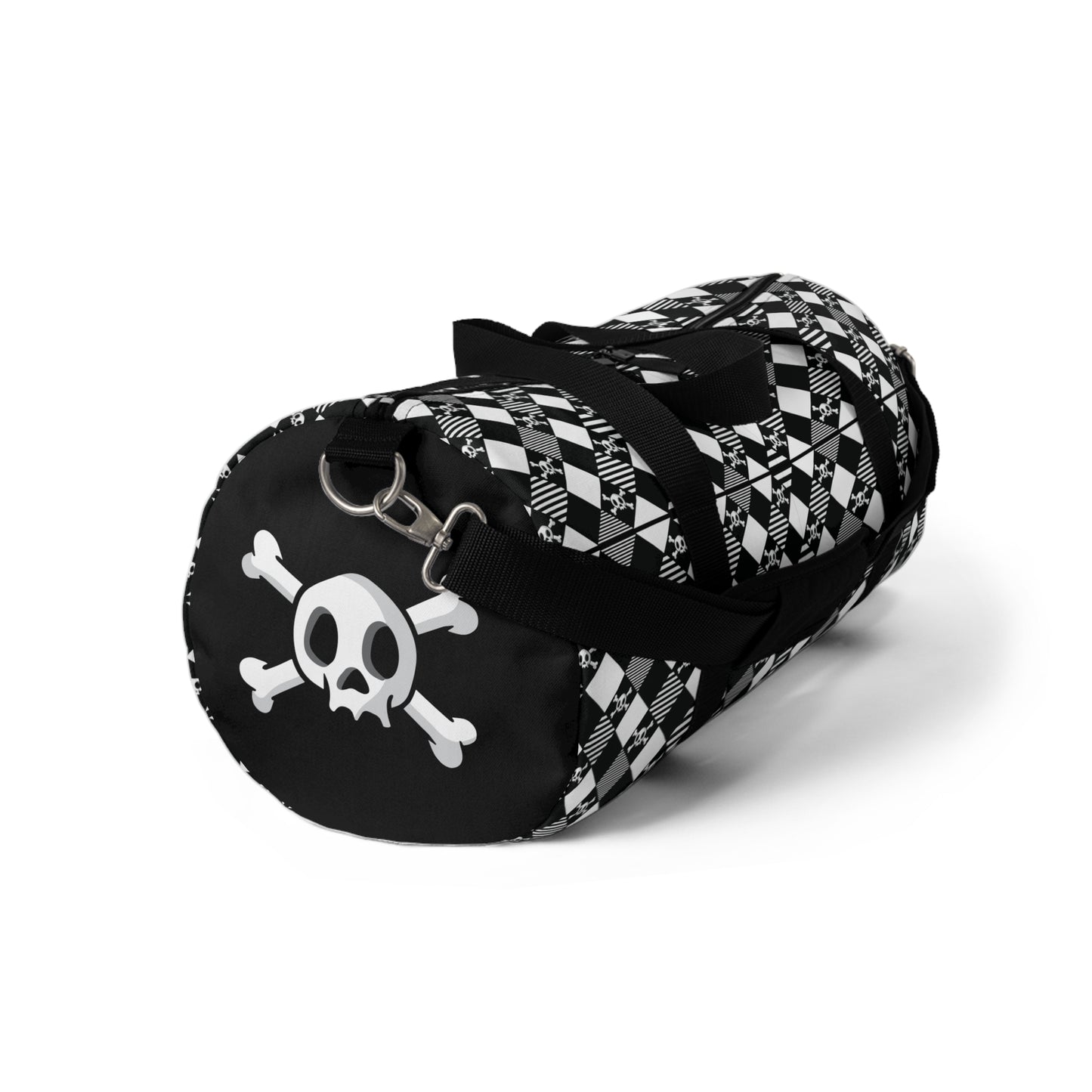 Black and White Diamond Pattern Skull and Crossbones Duffel Bag end view showing a large skull and crossed bones like a pirate ship flag