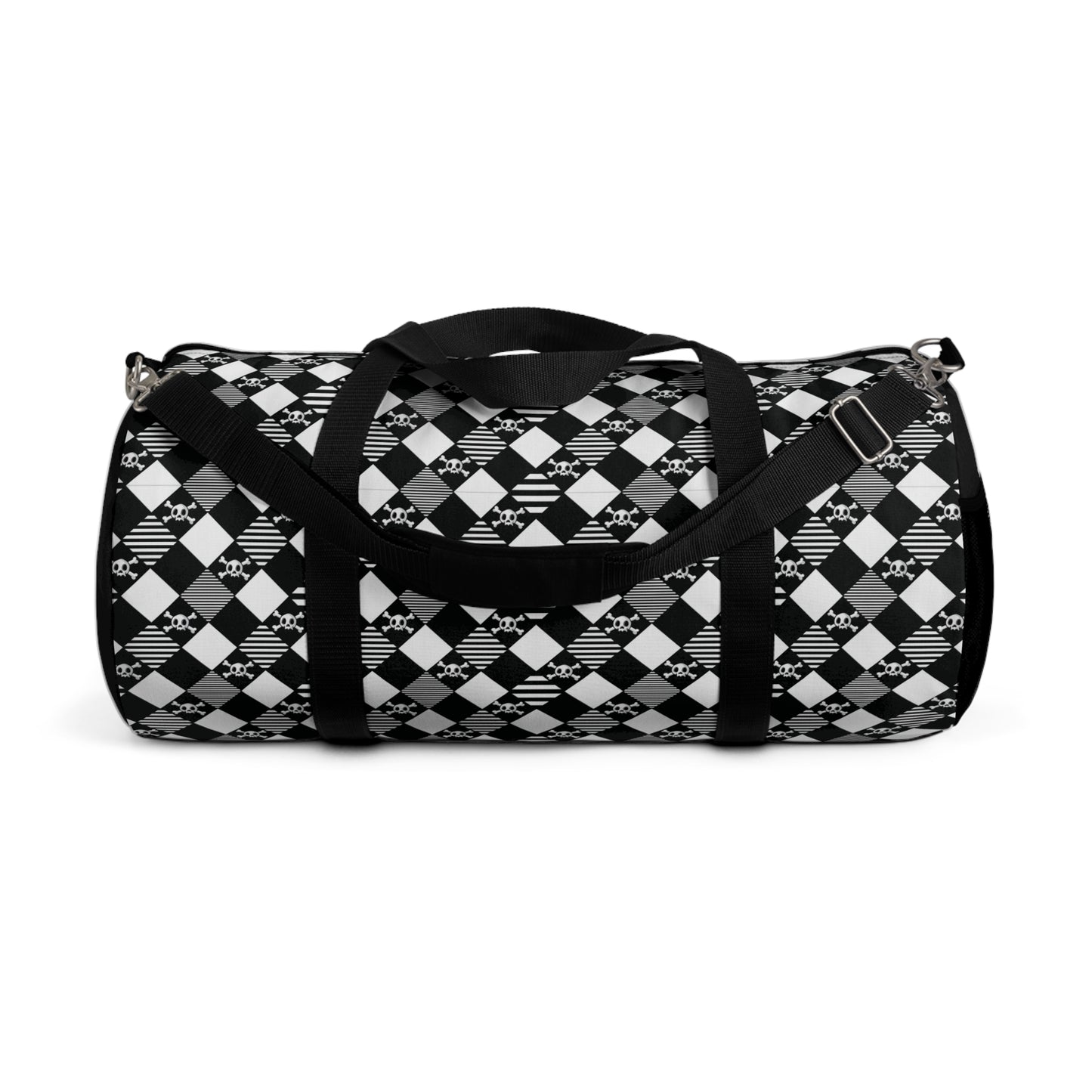 Black and White Diamond Pattern Skull and Crossbones Duffel Bag side view with large carry strap hanging down and clipped on ready for use