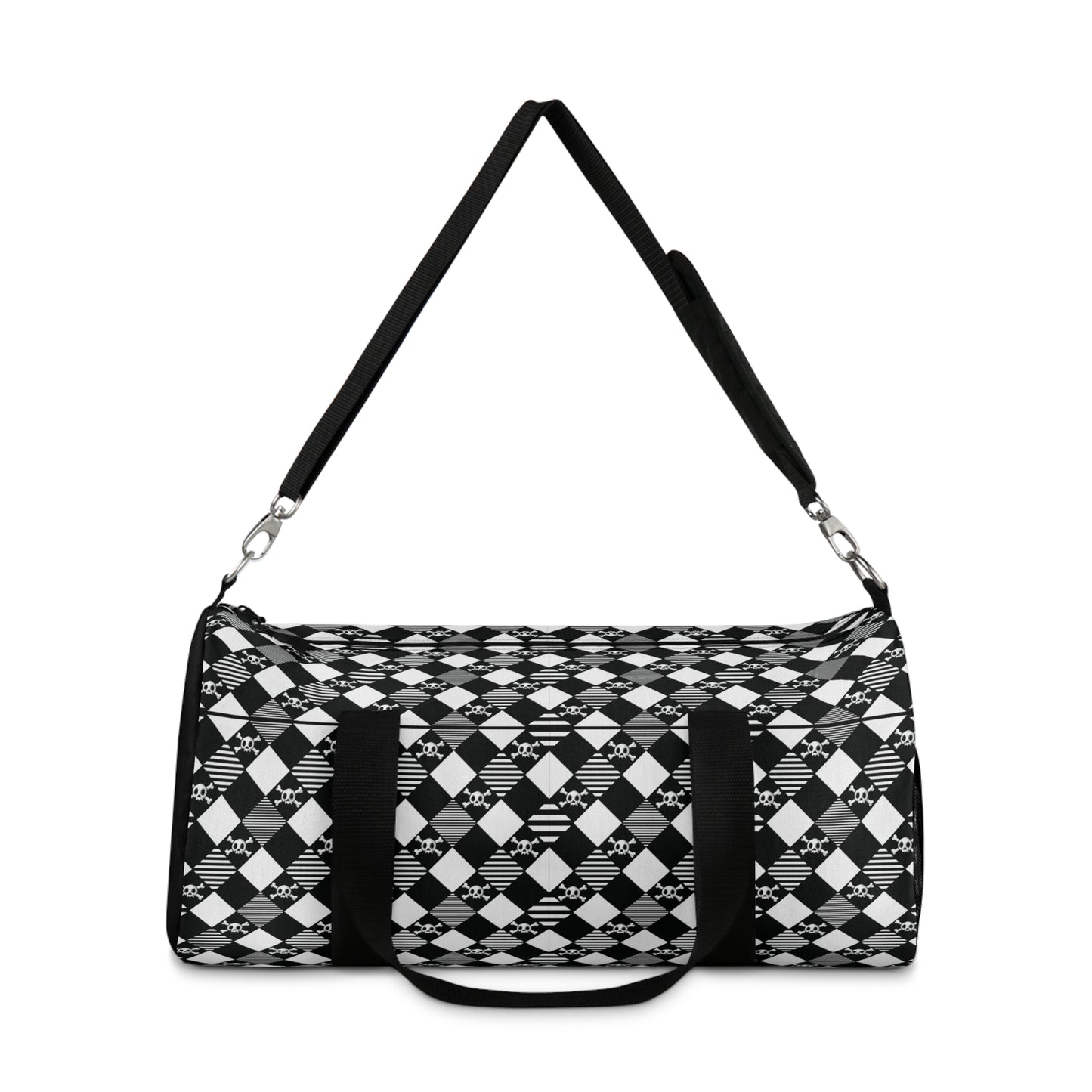 Black and White Diamond Pattern Skull and Crossbones Duffel Bag side view with strap extended to show how easy it is to carry