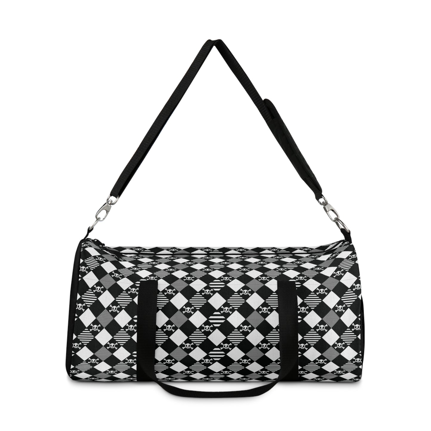 Black and White Diamond Pattern Skull and Crossbones Duffel Bag side view with strap extended to show how easy it is to carry