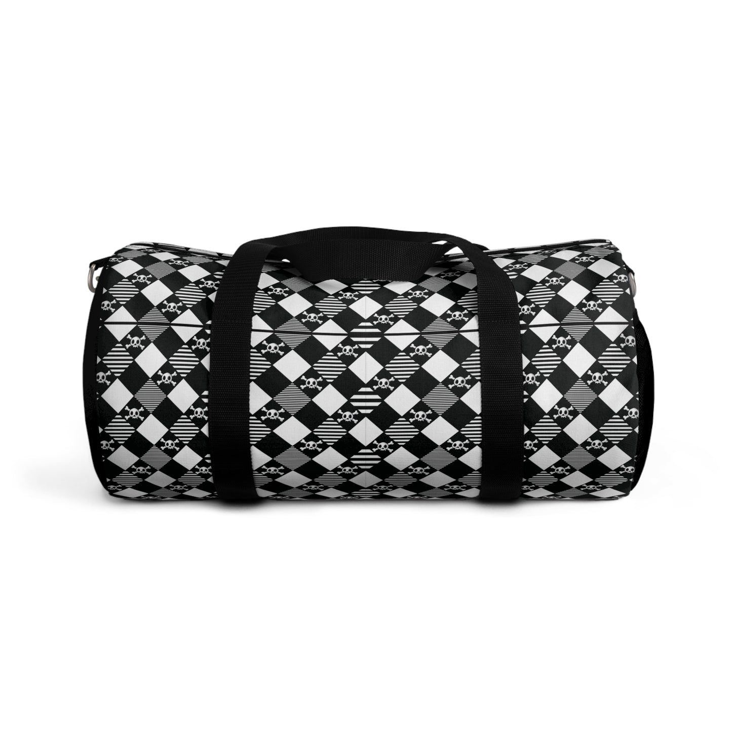 Black and White Diamond Pattern Skull and Crossbones Duffel Bag side view with straps down ready to be placed in a small storage area or on a carry on luggage spot on plane flight