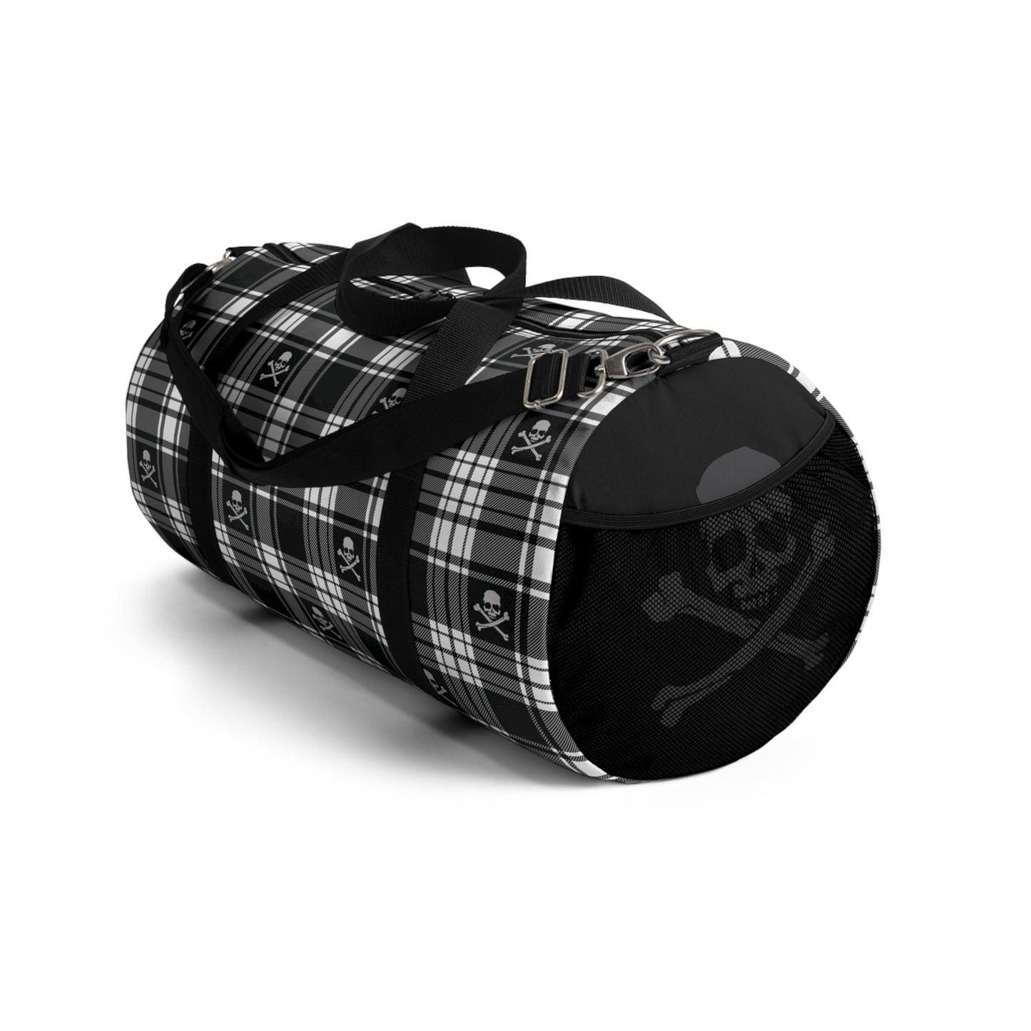 Black and White Flannel Patterned Skull and Crossbones Duffel Bag right side view of a net pocket with a large skull