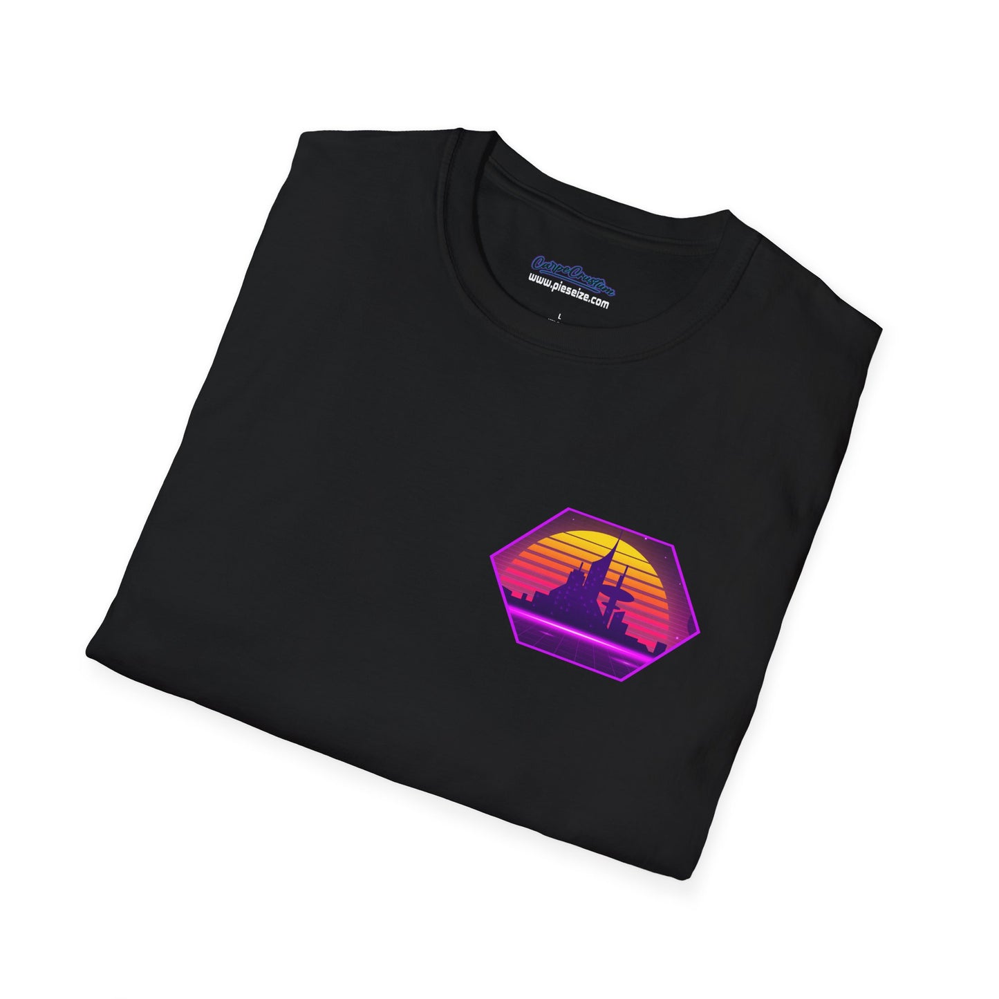 Black T-shirt with a minimalist pocket print featuring a sci-fi emblem in purple and orange.