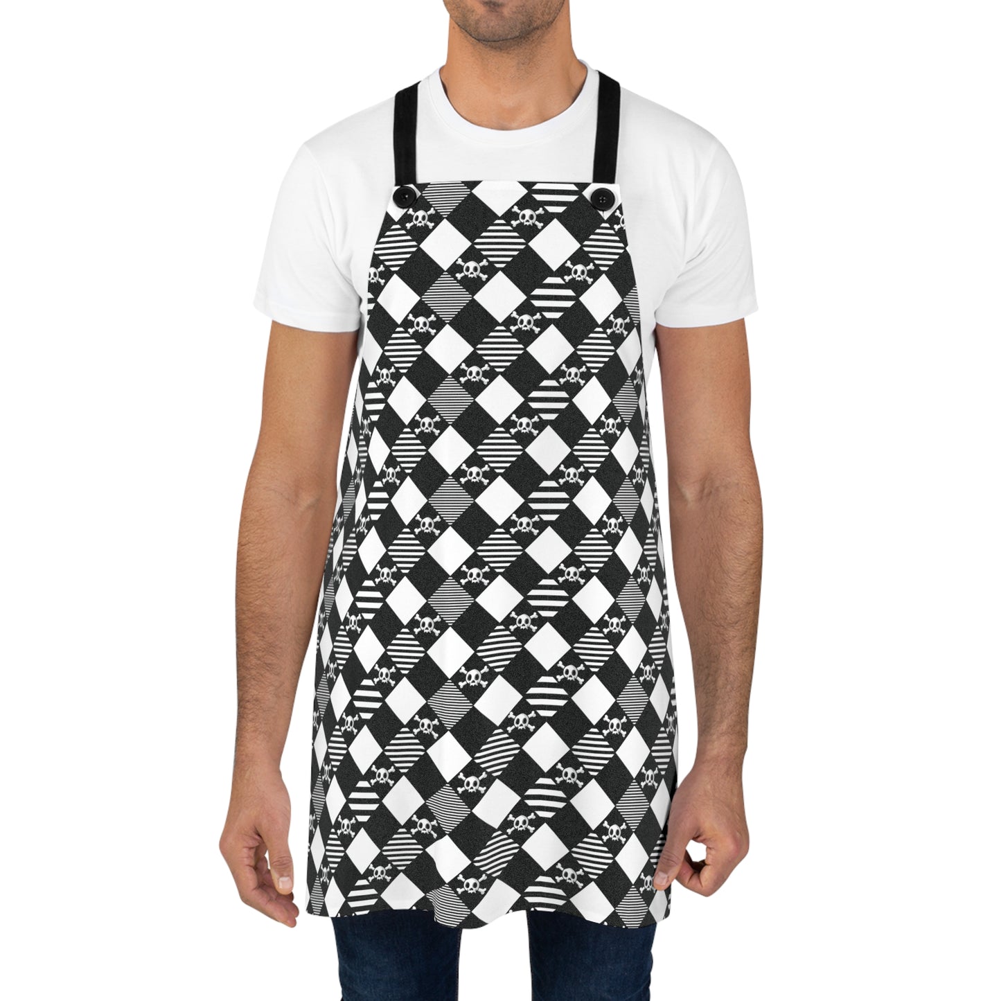 Diamond pattern print cute skull and crossed bones black and white man wearing an apron ready to cook or bake