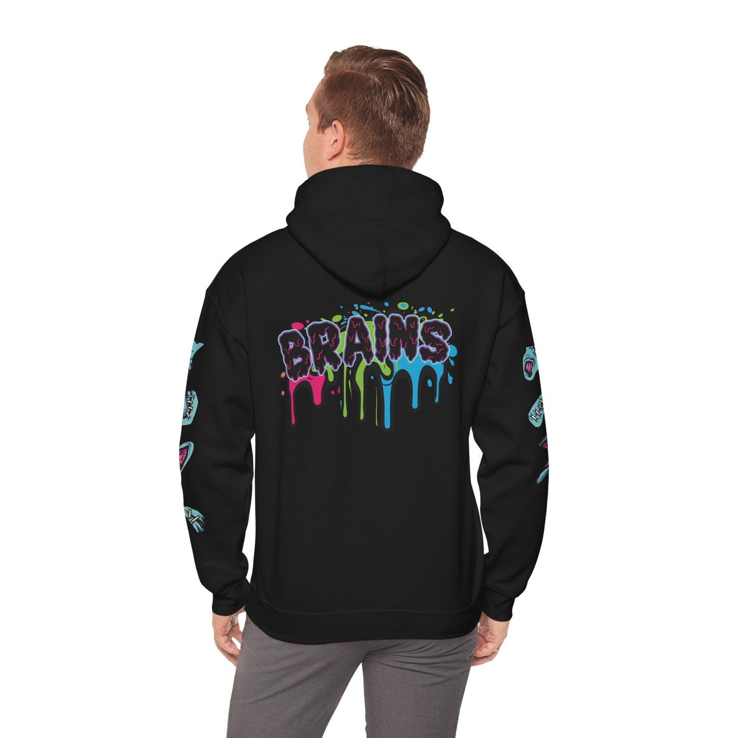 Black hoodie with colorful graffiti text 'BRAINS' in a dripping design, ideal for Halloween or casual streetwear.