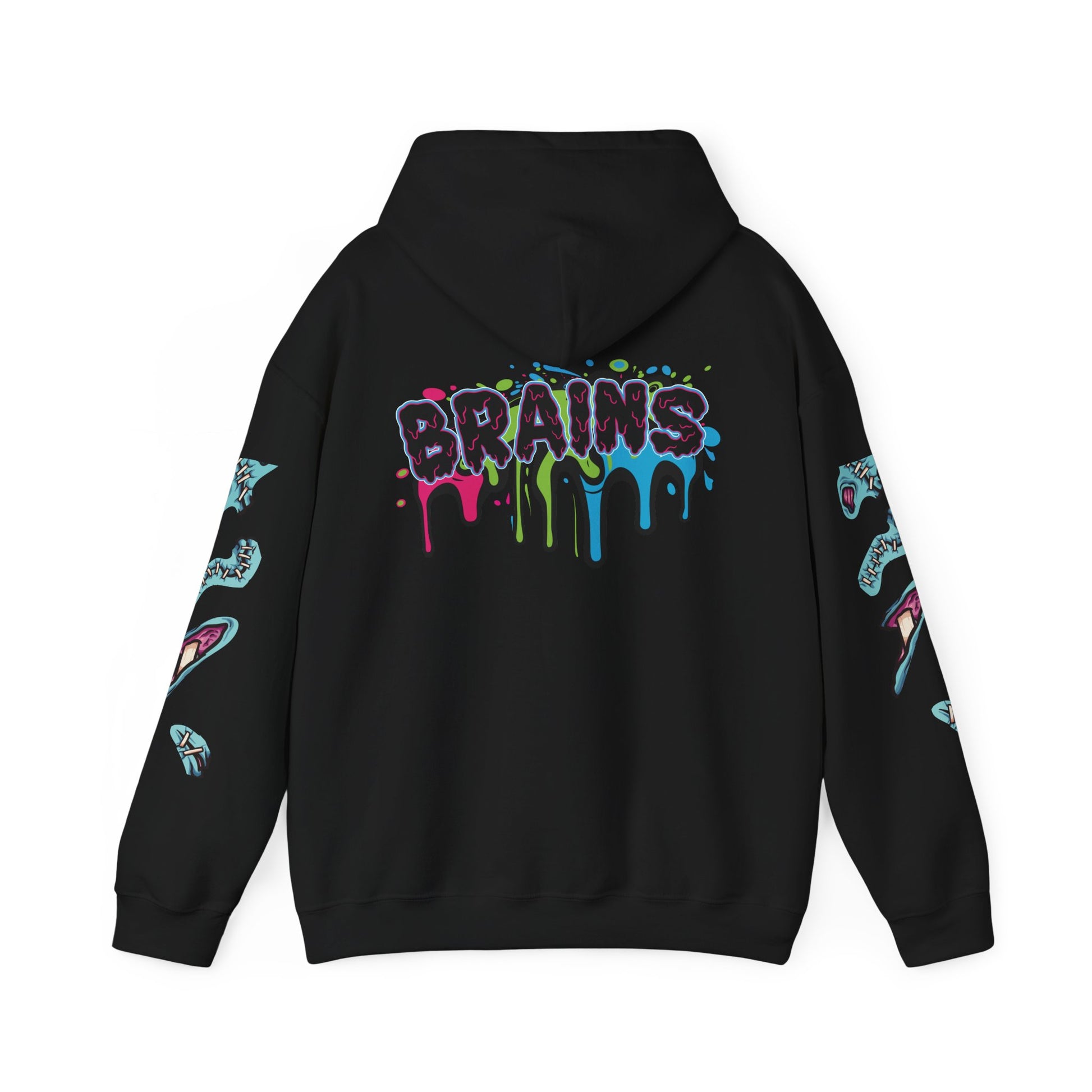Black hoodie with colorful graffiti text 'BRAINS' in a dripping design, ideal for Halloween or casual streetwear.