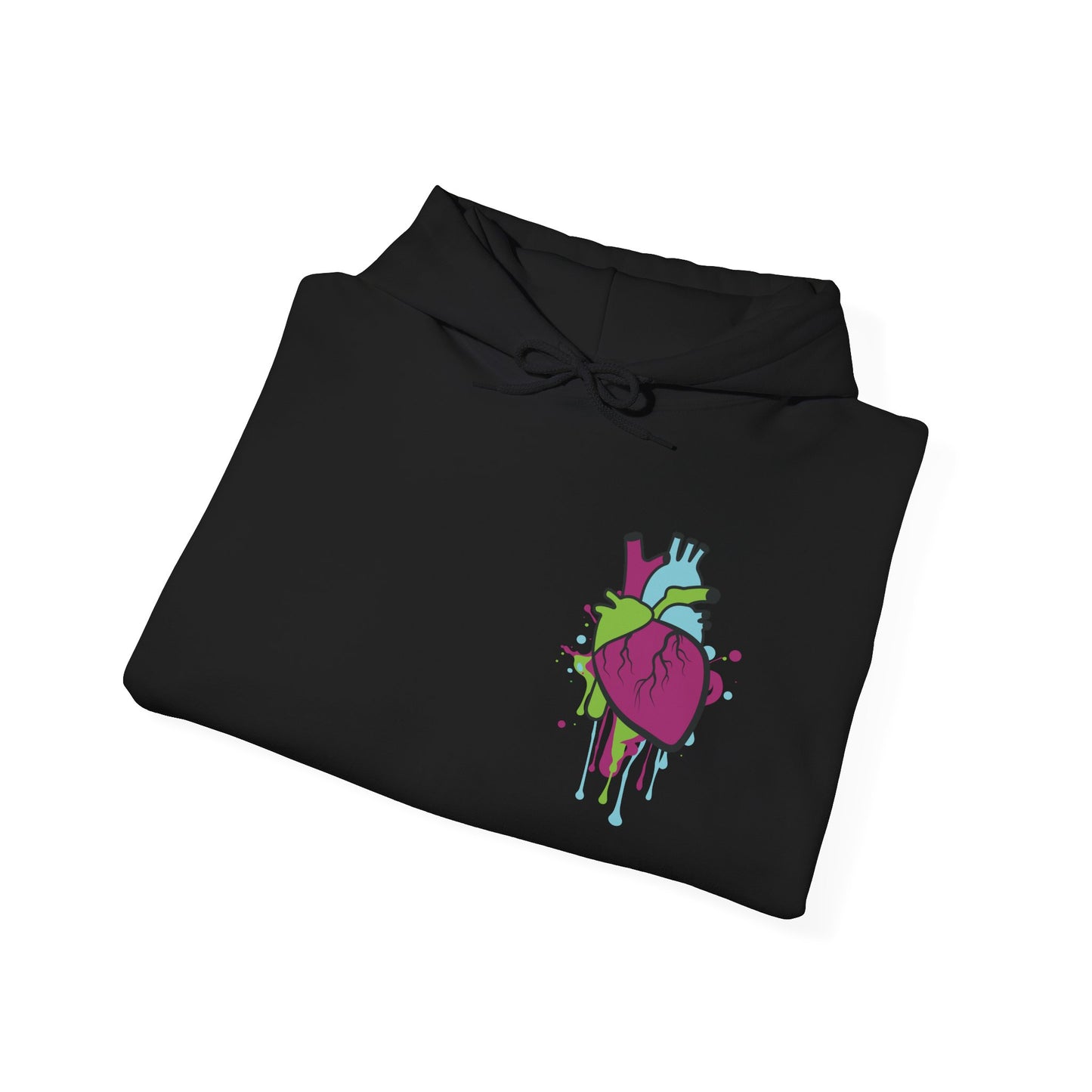 Black hoodie with colorful graffiti heart folded in a dripping design, ideal for Halloween or casual streetwear.