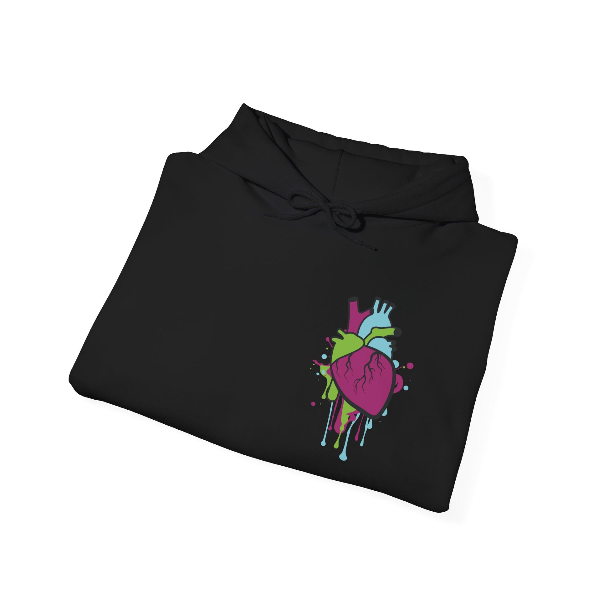 Black hoodie with colorful graffiti heart folded in a dripping design, ideal for Halloween or casual streetwear.