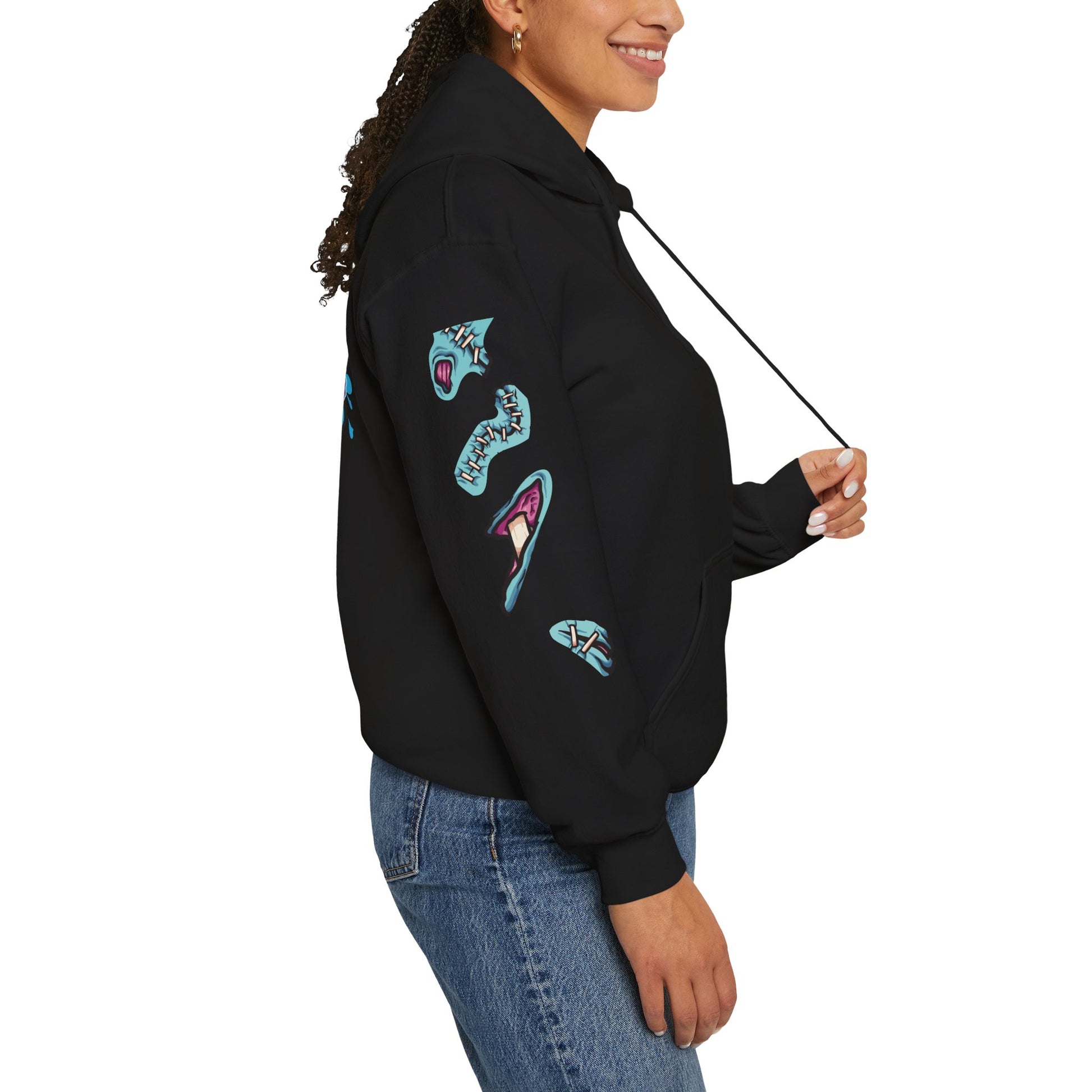 Black hoodie with colorful side view of black woman sleeve, ideal for Halloween or casual streetwear.