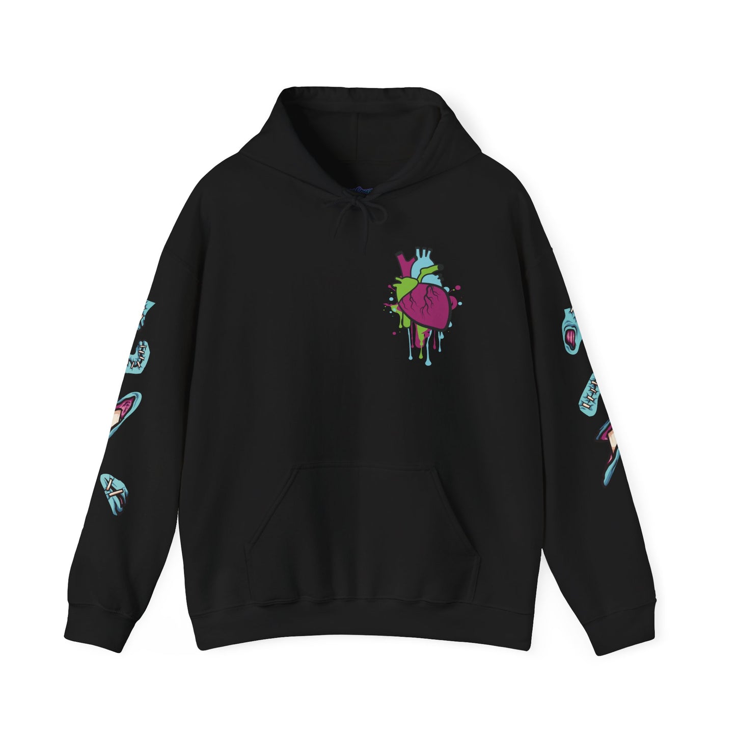 Black hoodie with colorful graffiti zombified heart in a dripping design, ideal for Halloween or casual streetwear.