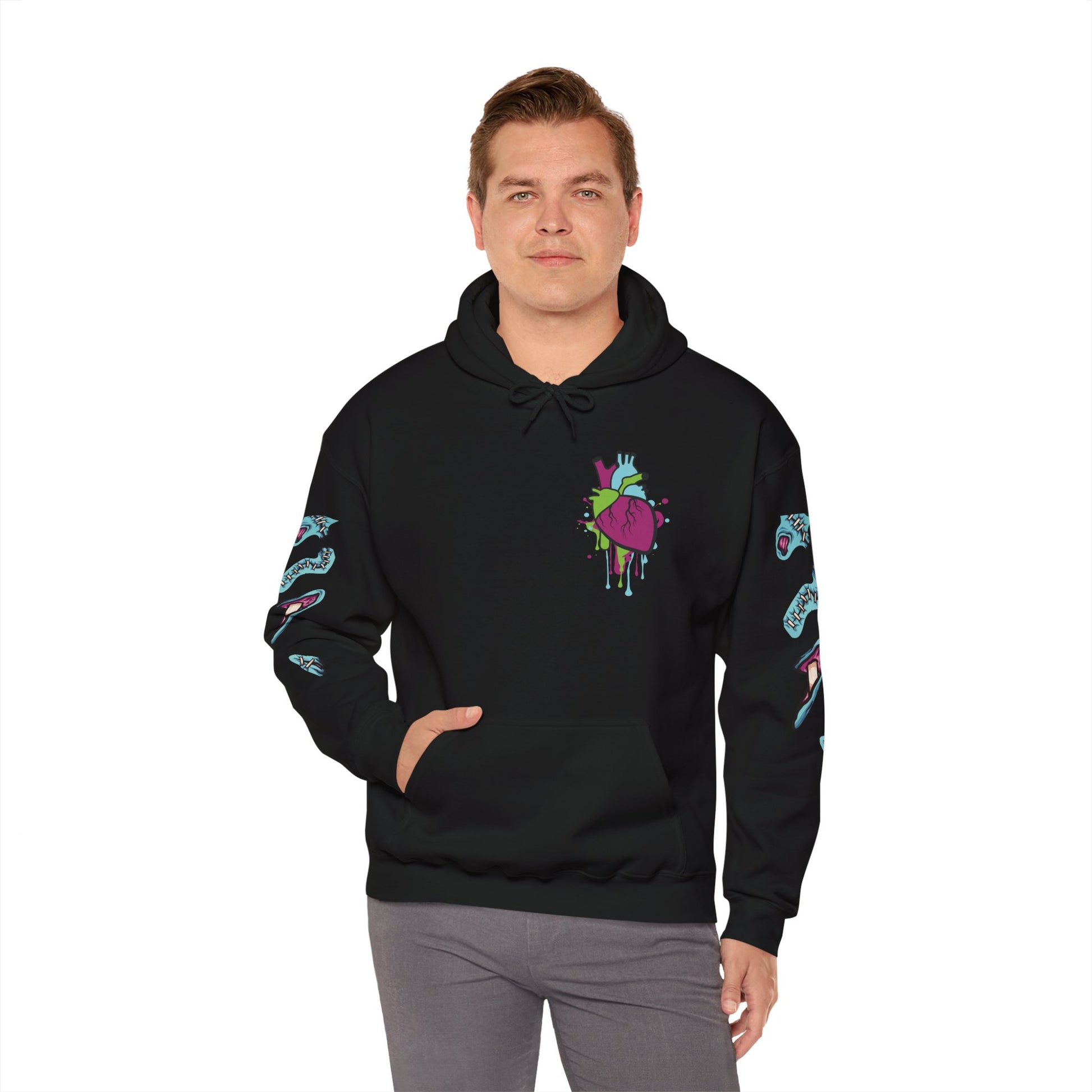 Black hoodie with colorful zombie heart in a dripping design, ideal for Halloween or casual streetwear.