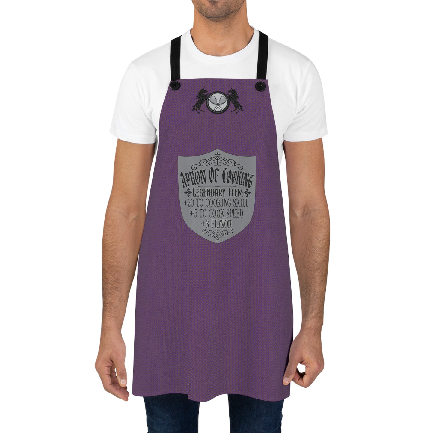 Purple apron featuring RPG-style stats for cooking, labeled as a legendary item, ideal for gamers and cooking enthusiasts. Man wearing it.