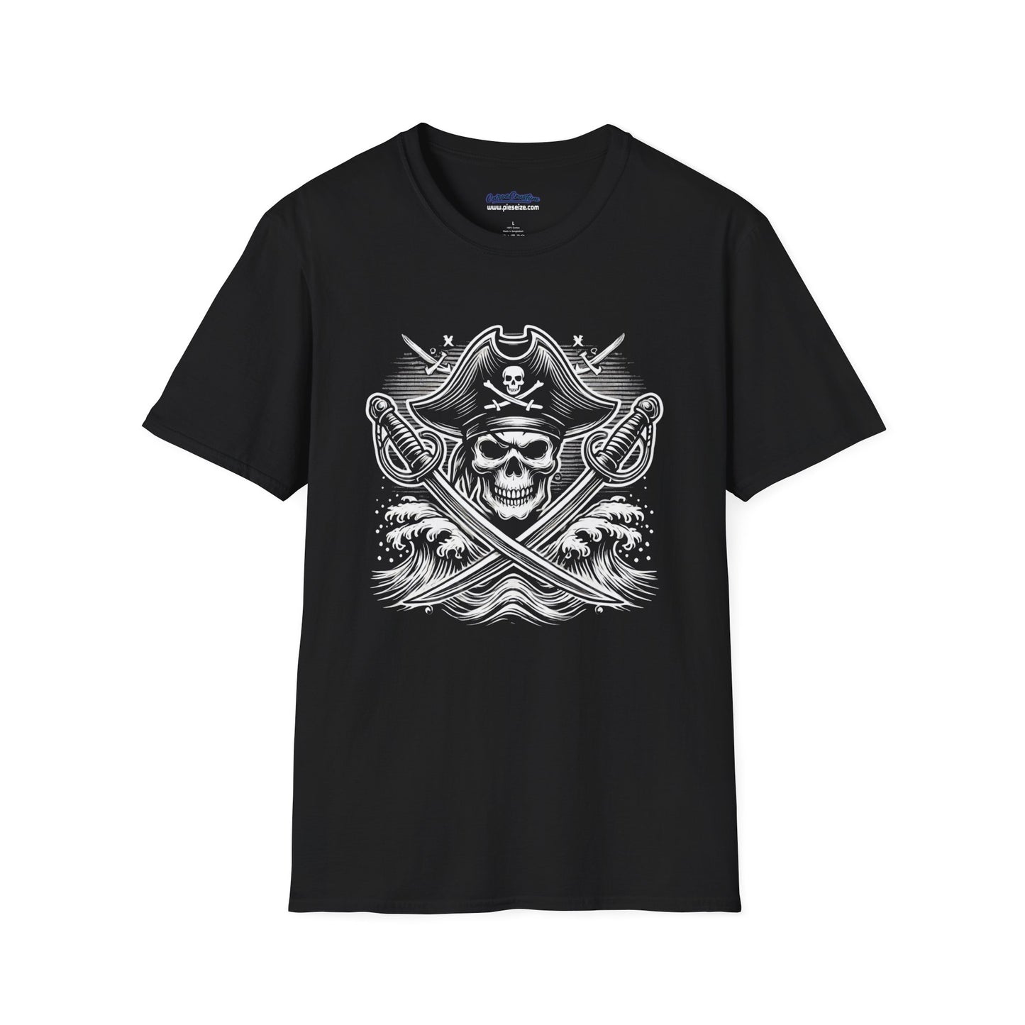 Pirate-themed T-shirt design showcasing a skull in a pirate hat with crossed swords and ocean waves in the background, rendered in black, white, and gray.