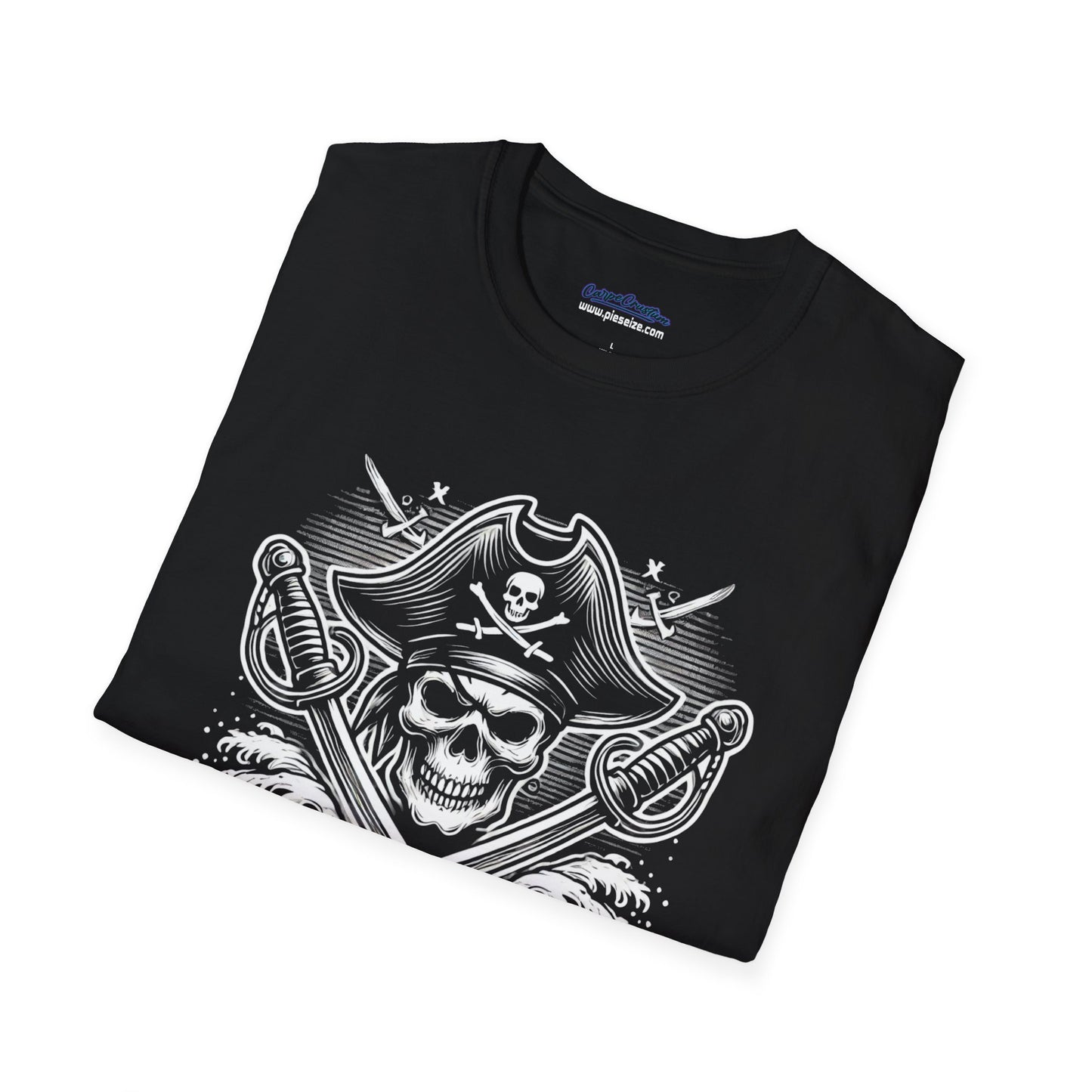 Pirate-themed T-shirt design showcasing a skull in a pirate hat with crossed swords and ocean waves in the background, rendered in black, white, and gray.