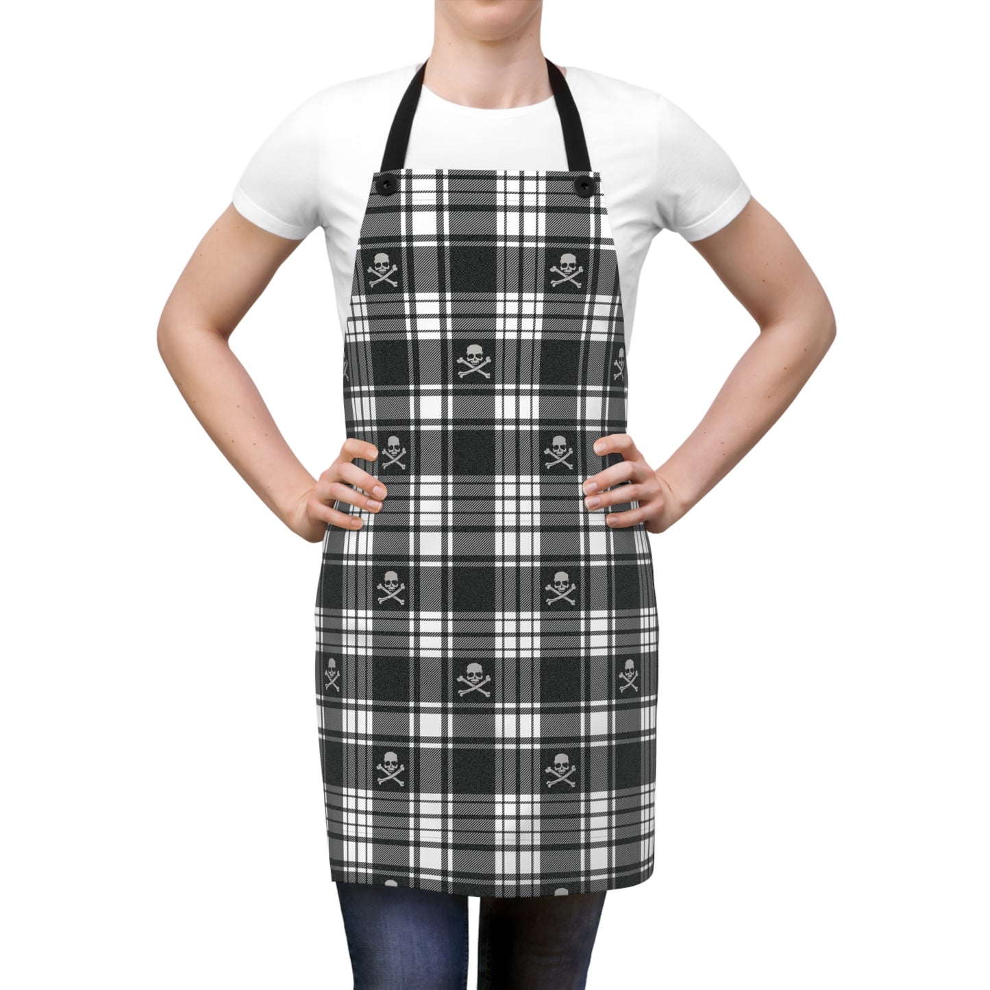 Skull and Crossbones black and white flannel plaid pattern cooking apron showing a woman wearing it ready to get in the kitchen barefoot and pregnant
