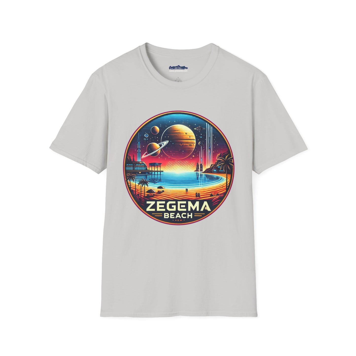 Light Grey T-shirt with 'Zegema Beach' design in a vibrant sci-fi theme, inspired by Starship Troopers.