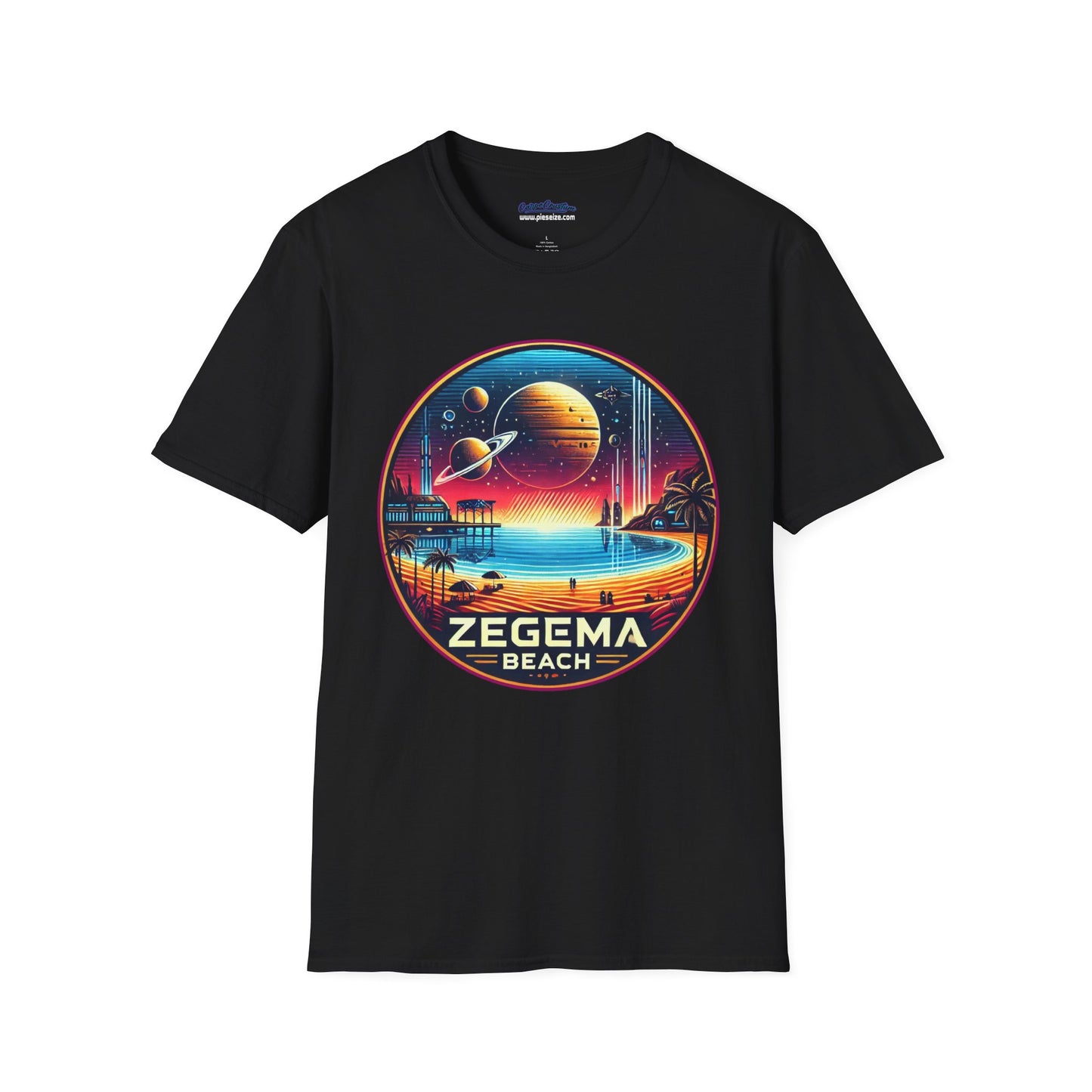 Black T-shirt with 'Zegema Beach' design in a vibrant sci-fi theme, inspired by Starship Troopers.
