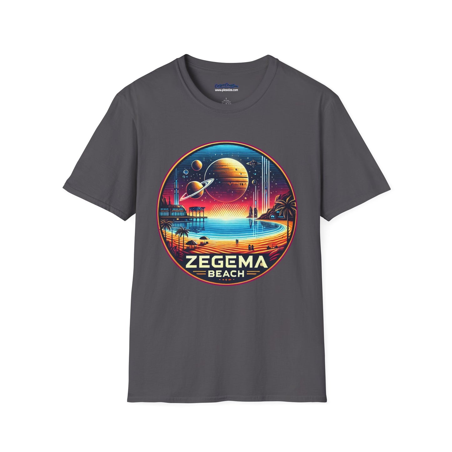 Charcoal Gray T-shirt with 'Zegema Beach' design in a vibrant sci-fi theme, inspired by Starship Troopers.