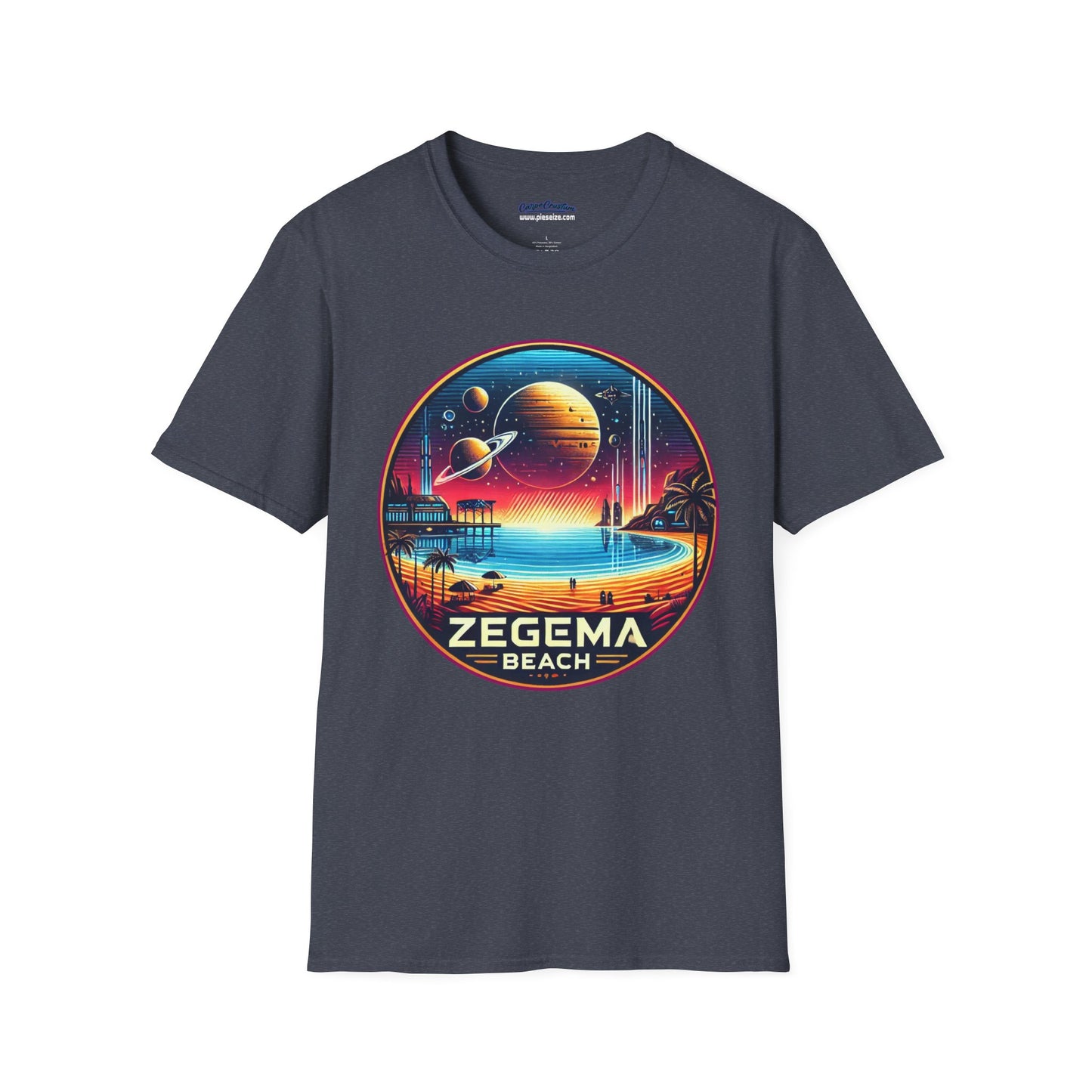Dark Heather Gray T-shirt with 'Zegema Beach' design in a vibrant sci-fi theme, inspired by Starship Troopers.