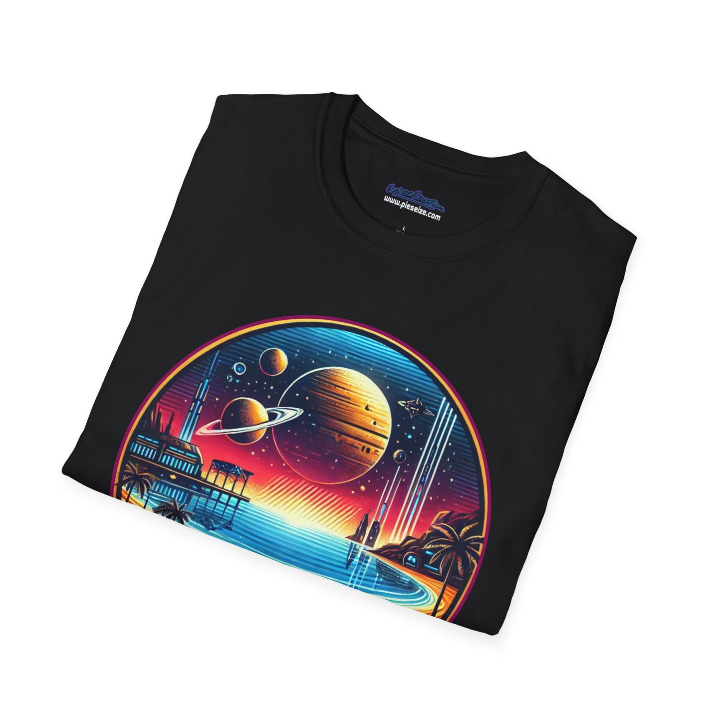 Black Folded T-shirt with 'Zegema Beach' design in a vibrant sci-fi theme, inspired by Starship Troopers.