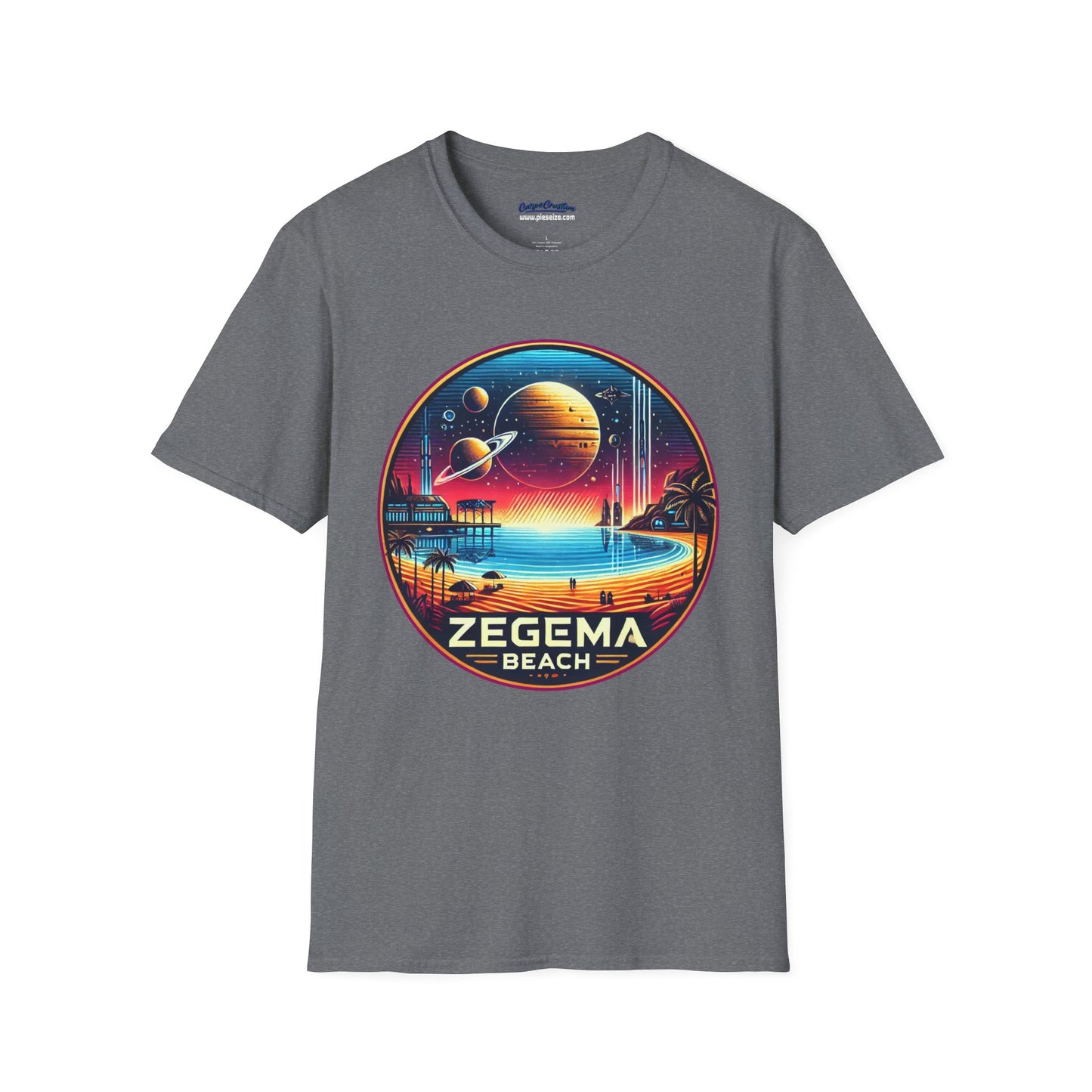 Heather Grey T-shirt with 'Zegema Beach' design in a vibrant sci-fi theme, inspired by Starship Troopers.