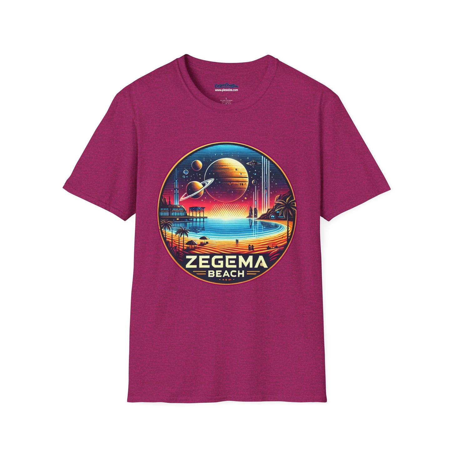 Pink T-shirt with 'Zegema Beach' design in a vibrant sci-fi theme, inspired by Starship Troopers.