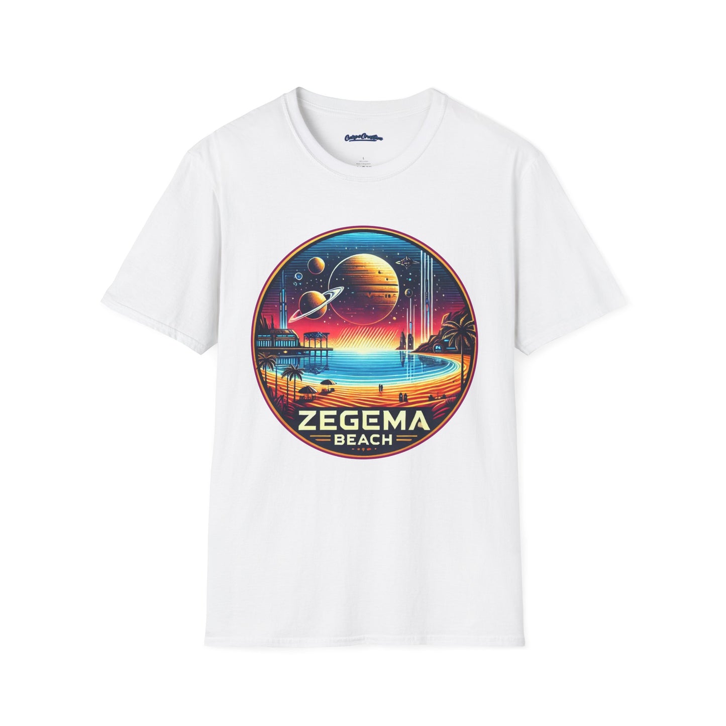 White T-shirt with 'Zegema Beach' design in a vibrant sci-fi theme, inspired by Starship Troopers.