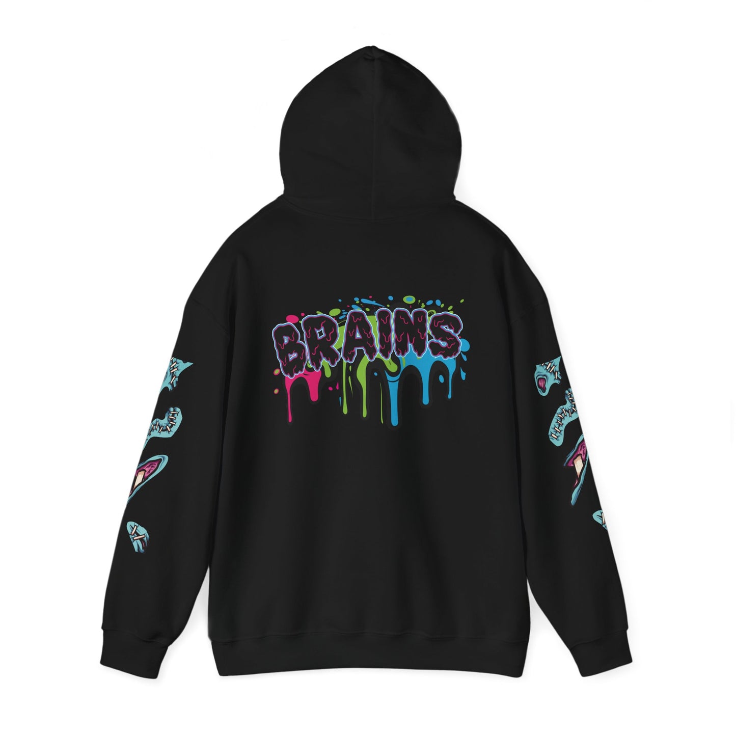 Black hoodie with colorful graffiti text 'BRAINS' in a dripping design, ideal for Halloween or casual streetwear.