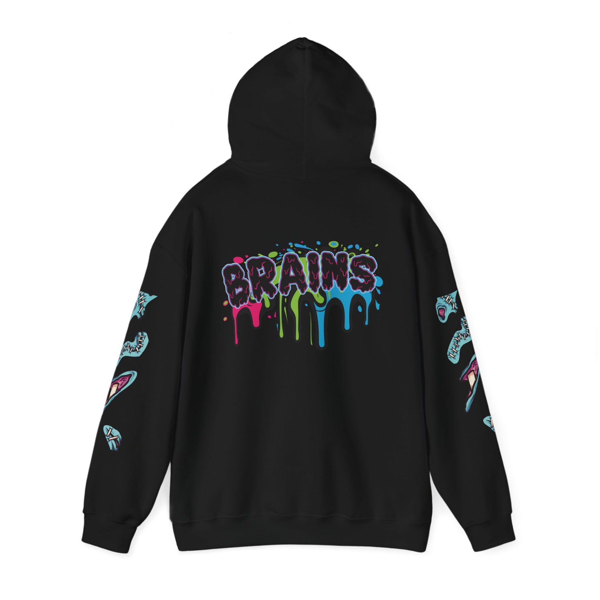 Black hoodie with colorful graffiti text 'BRAINS' in a dripping design, ideal for Halloween or casual streetwear.
