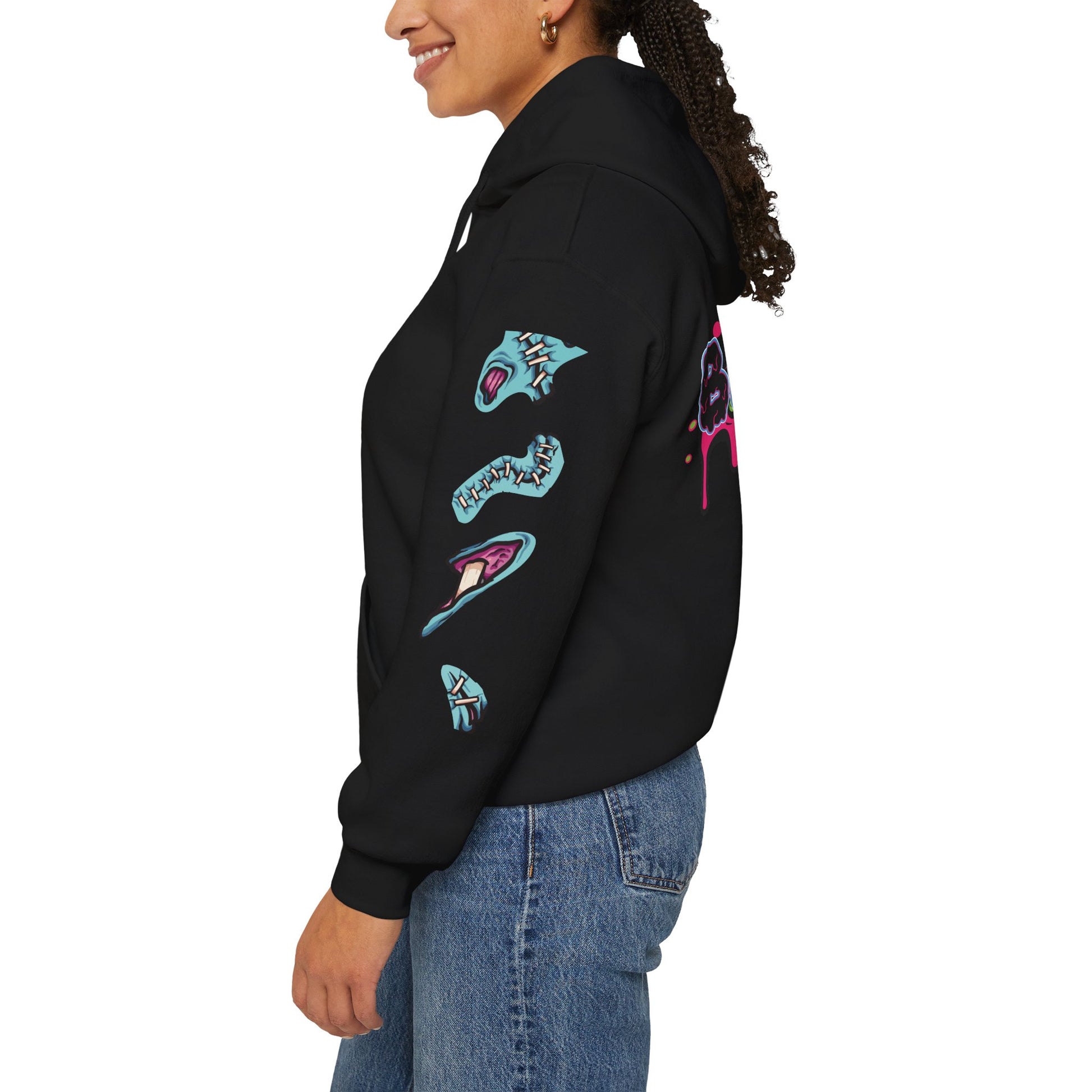 Black hoodie with colorful side view of bone and sores sleeve, ideal for Halloween or casual streetwear.