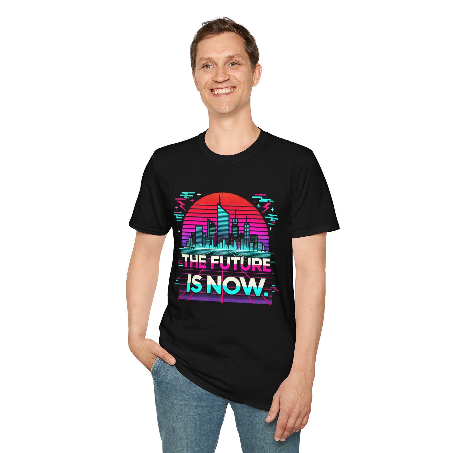 A black T-shirt featuring a neon cyberpunk cityscape with a retro sun and glitch effects. The text “THE FUTURE IS NOW.” is displayed in a bold, futuristic font with a slightly distressed vintage look. The design includes vibrant neon pink, blue, and purple hues, creating a futuristic, streetwear-inspired aesthetic.