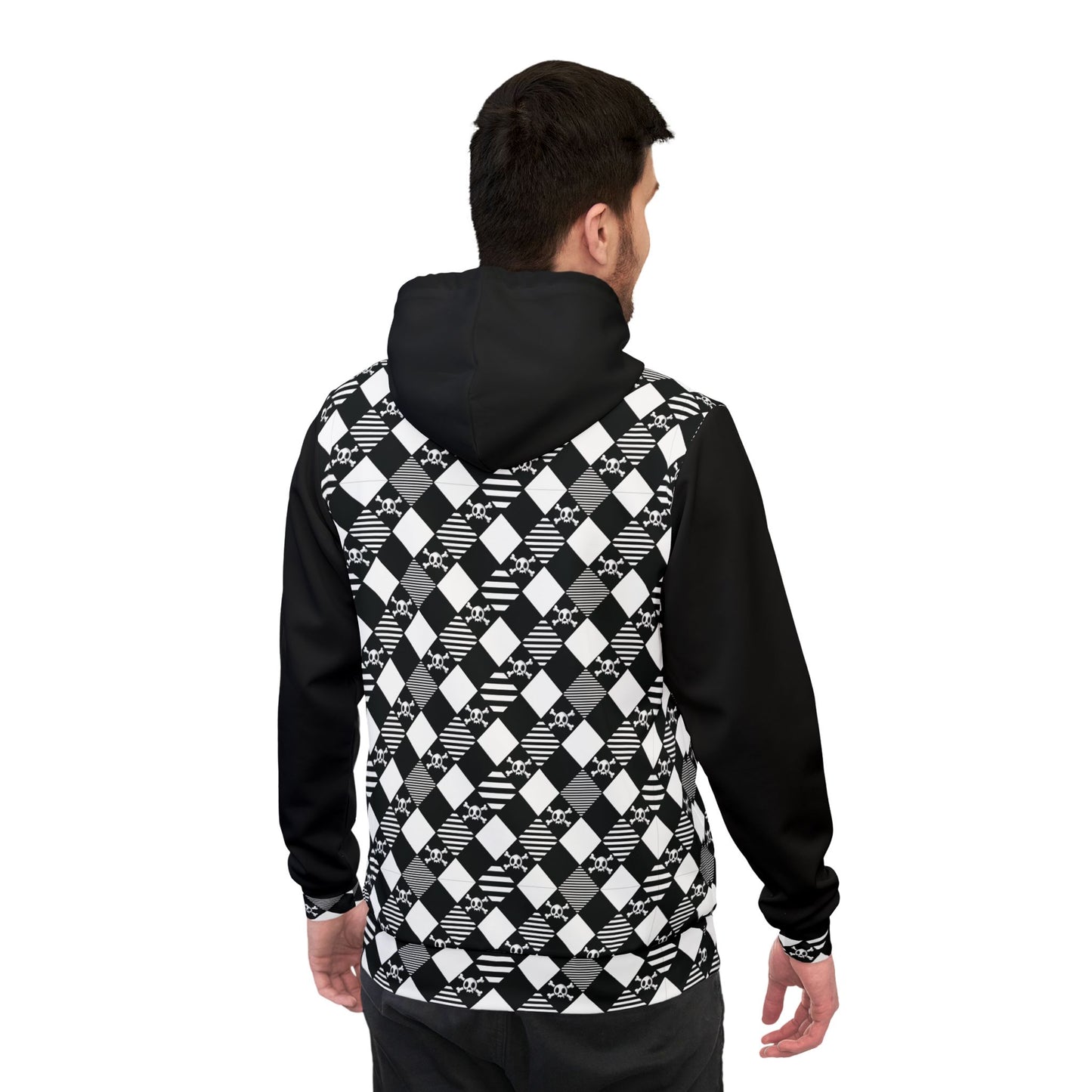 black and white diamond pattern skull and crossbones all over print hoodie showing the full back of the sweatshirt with a man wearing it.