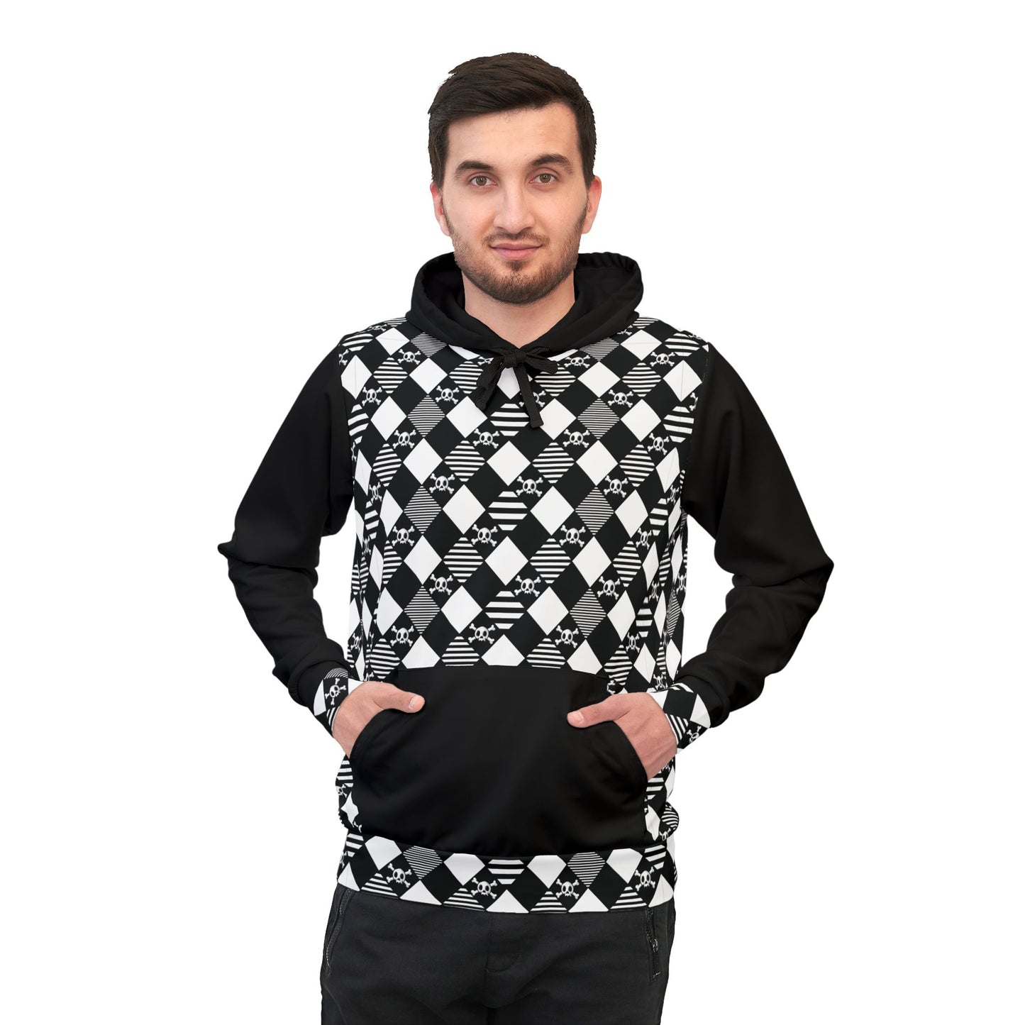 black and white diamond pattern skull and crossbones all over print hoodie with a dude wearing it chillin with his hands in the large front pocket