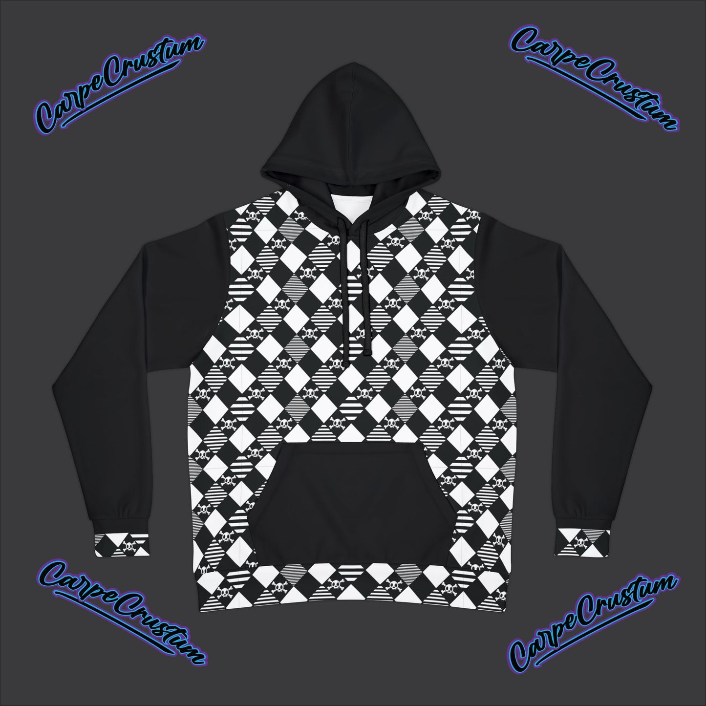 black and white diamond pattern skull and crossbones all over print hoodie front on a carpe crustom gray background