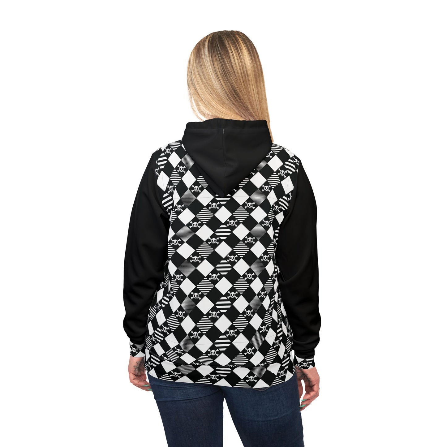 black and white diamond pattern skull and crossbones all over print hoodie with a blonde haired woman showing off the back of this amazing sweatshirt