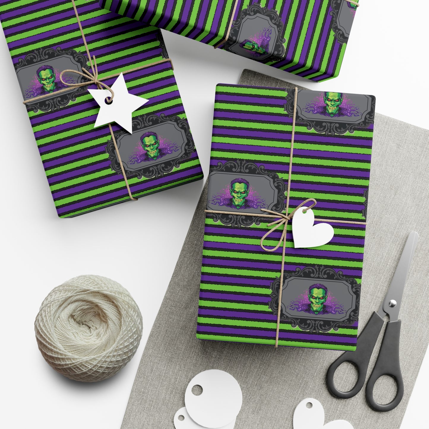 frankenstein wrapping paper with purple and green stripes on a black background like a horror movie or haunted house