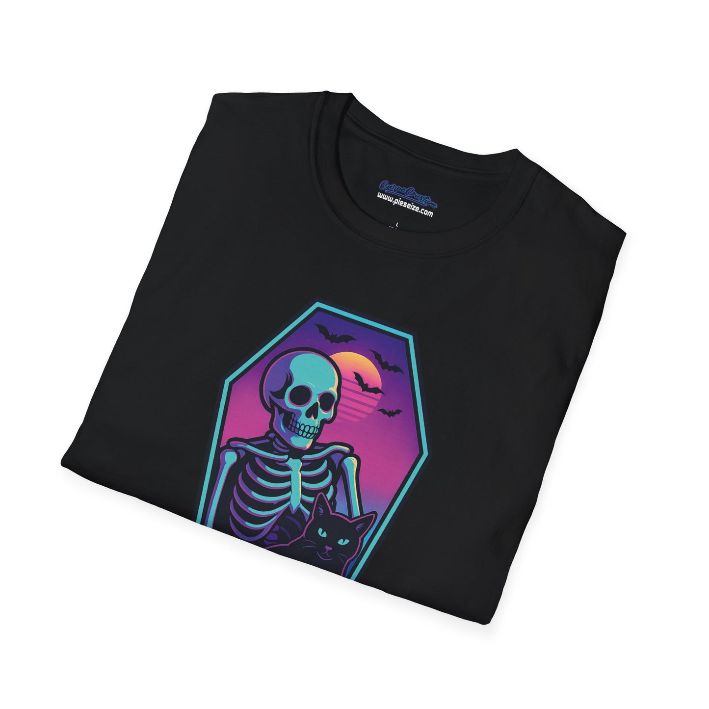 Vaporwave Skeleton Coffin Shirt – Retro Goth Aesthetic Tee with Cat & Neon Moon
