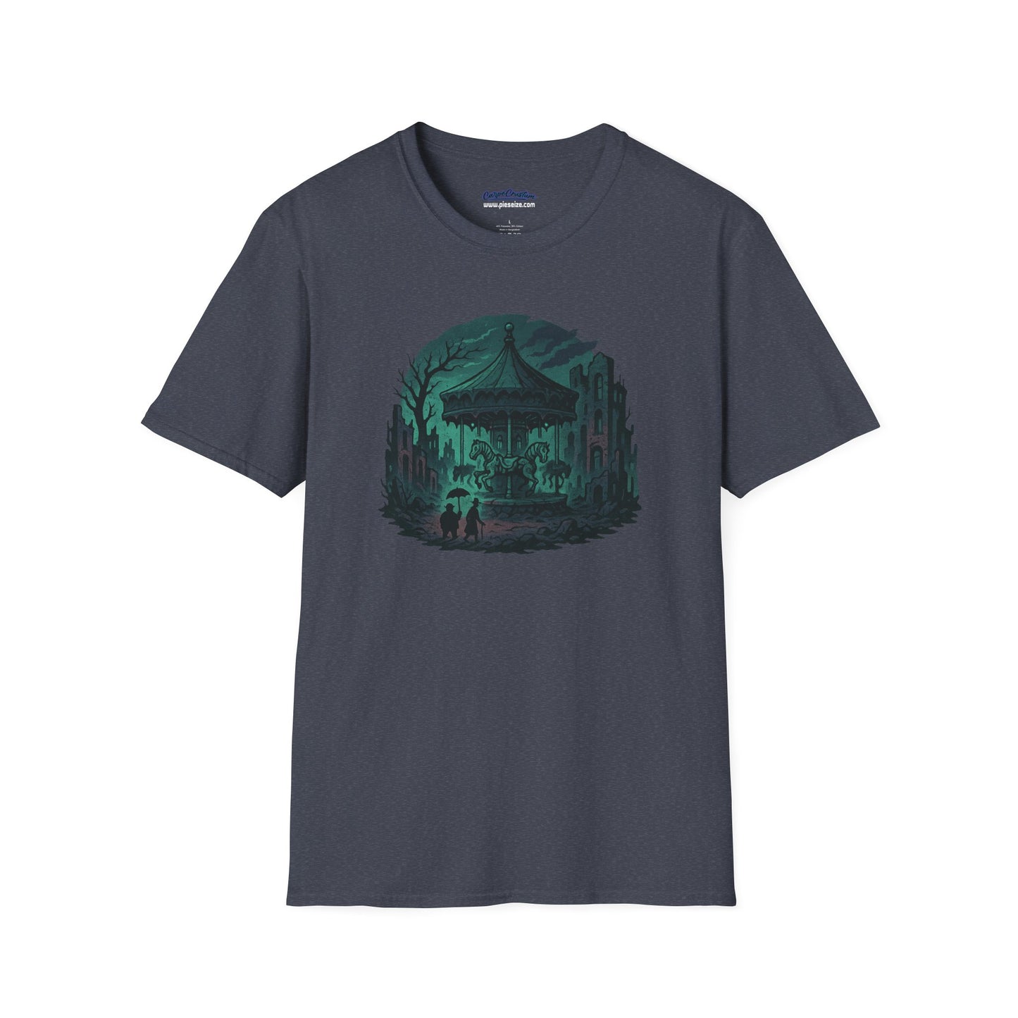 Fallout Carousel T-Shirt – Gothic Post-Apocalyptic Horror Tee – Spooky Merry-Go-Round Graphic Shirt for Halloween, Goth & Wasteland Fans