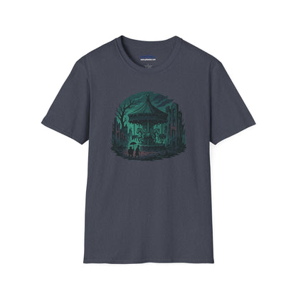 Fallout Carousel T-Shirt – Gothic Post-Apocalyptic Horror Tee – Spooky Merry-Go-Round Graphic Shirt for Halloween, Goth & Wasteland Fans