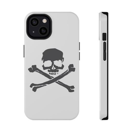 This picture showcases a black skull with two crossed bones on the back of a white phone case!