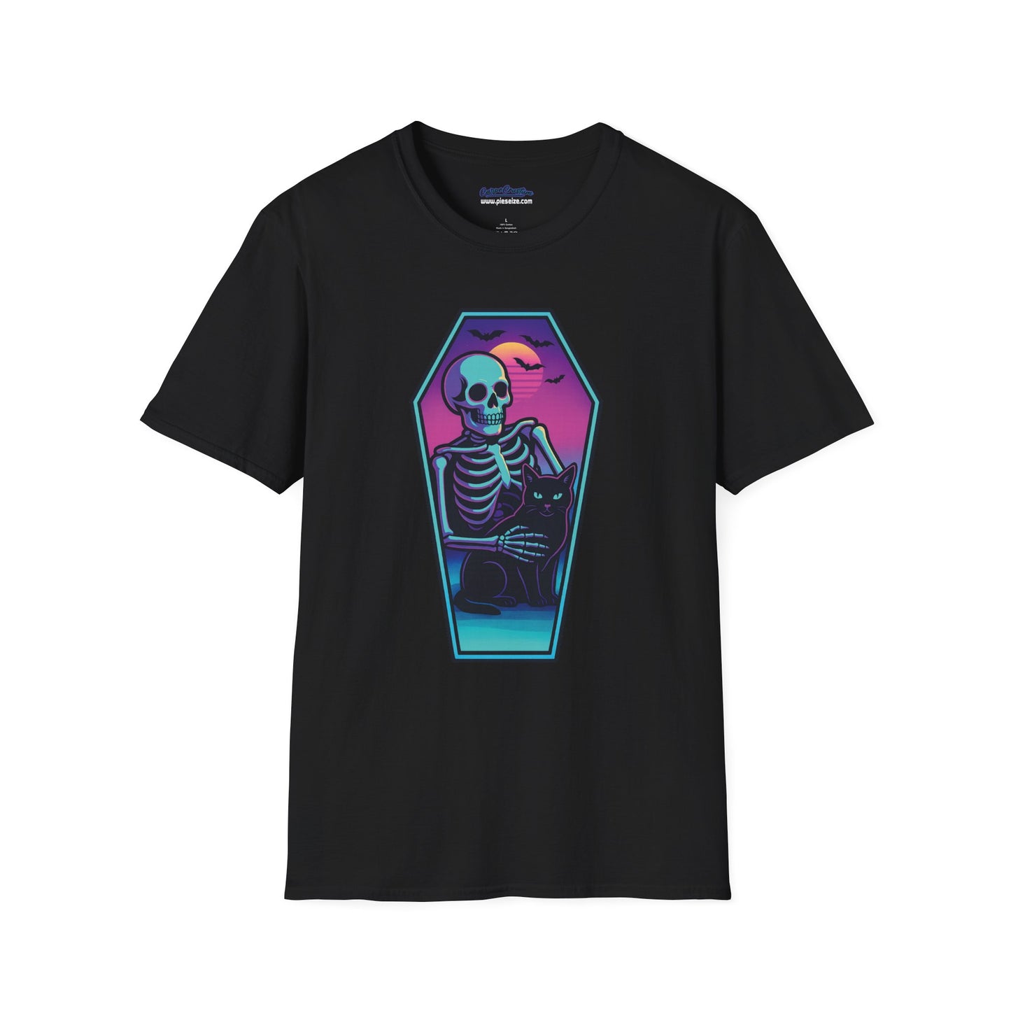Vaporwave Skeleton Coffin Shirt – Retro Goth Aesthetic Tee with Cat & Neon Moon