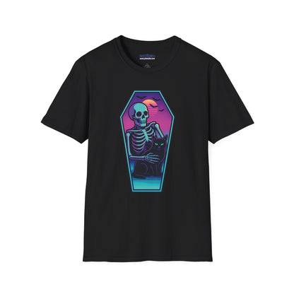 Vaporwave Skeleton Coffin Shirt – Retro Goth Aesthetic Tee with Cat & Neon Moon