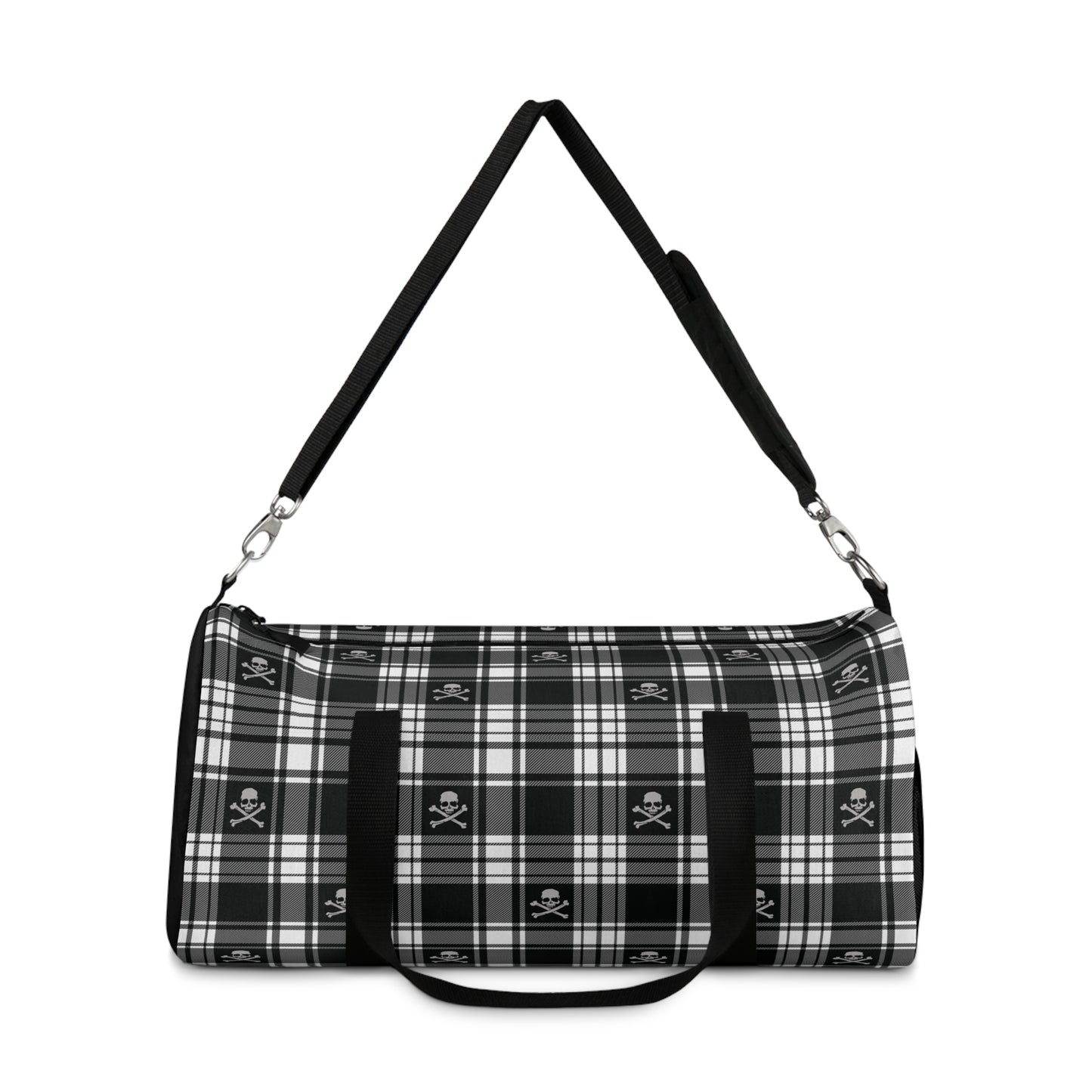 Black and White Flannel Patterned Skull and Crossbones Duffel Bag with carry strap extended