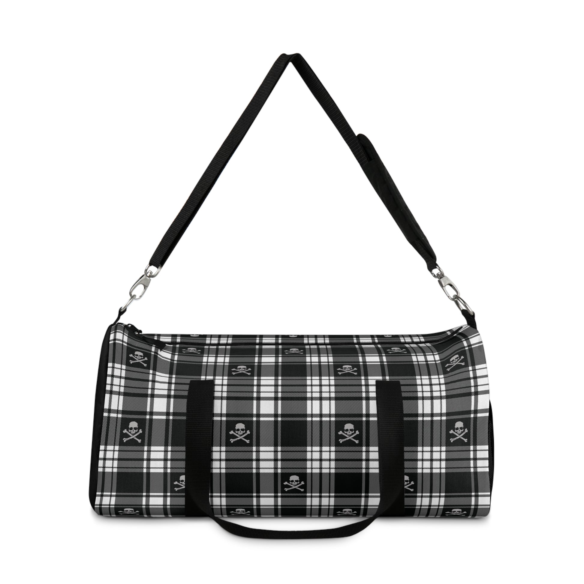 Black and White Flannel Patterned Skull and Crossbones Duffel Bag with carry strap extended