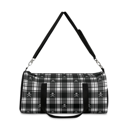 Black and White Flannel Patterned Skull and Crossbones Duffel Bag with carry strap extended